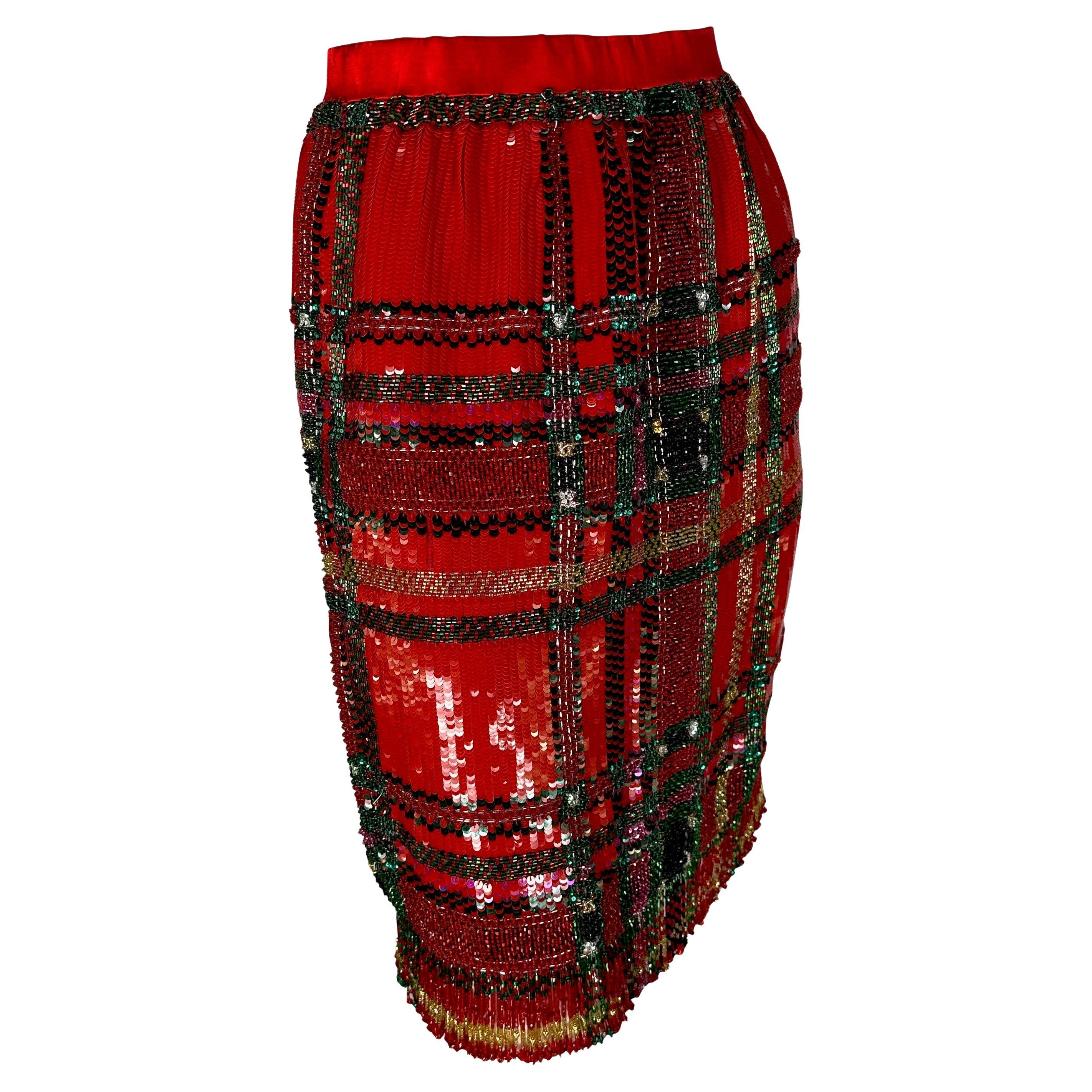 F/W 1991 Oscar de La Renta Runway Red Tartan Sequin Beaded Fringe Pencil Skirt For Sale 4