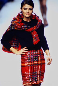 F/W 1991 Oscar de La Renta Runway Red Tartan Sequin Beaded Fringe Pencil Skirt
