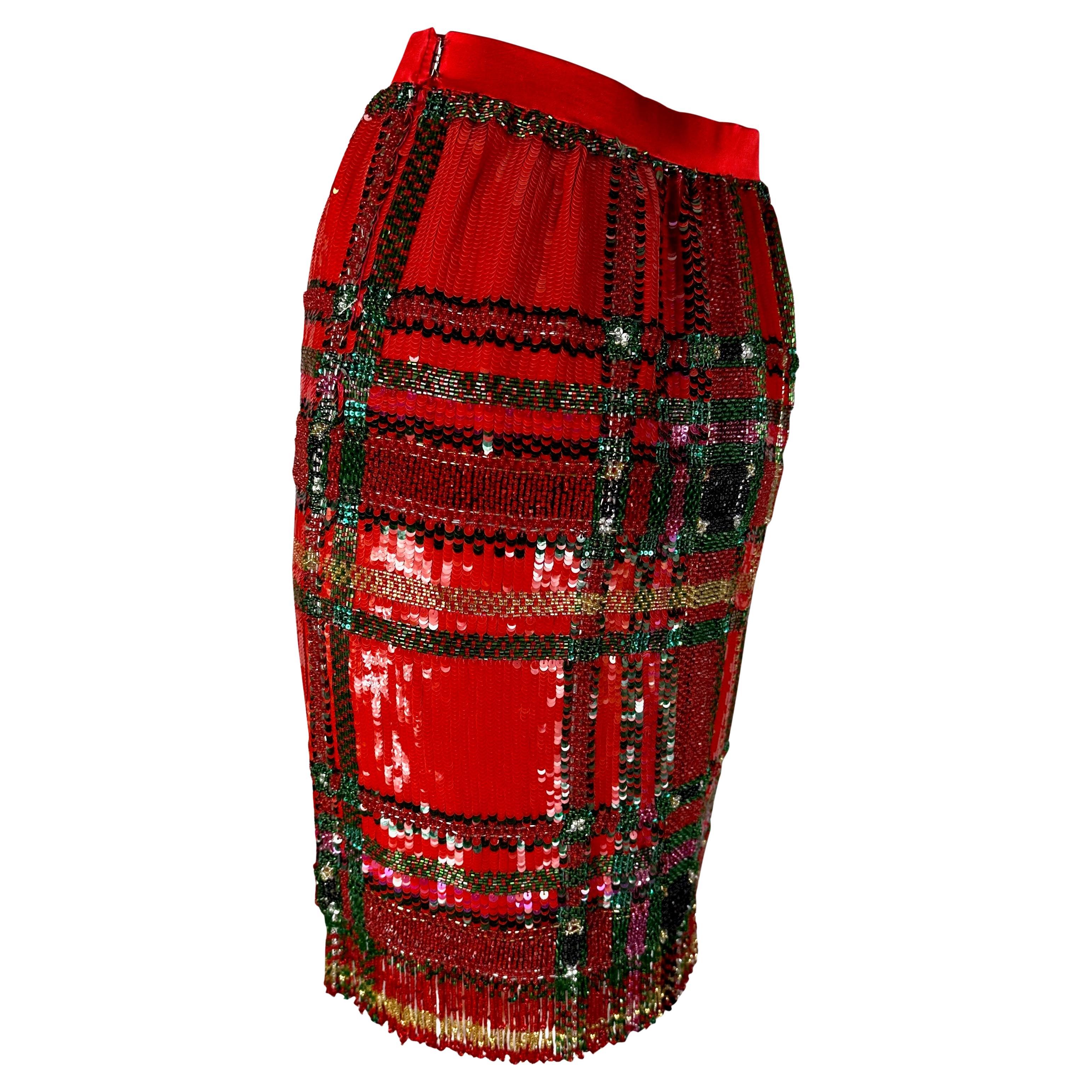 Women's F/W 1991 Oscar de La Renta Runway Red Tartan Sequin Beaded Fringe Pencil Skirt For Sale