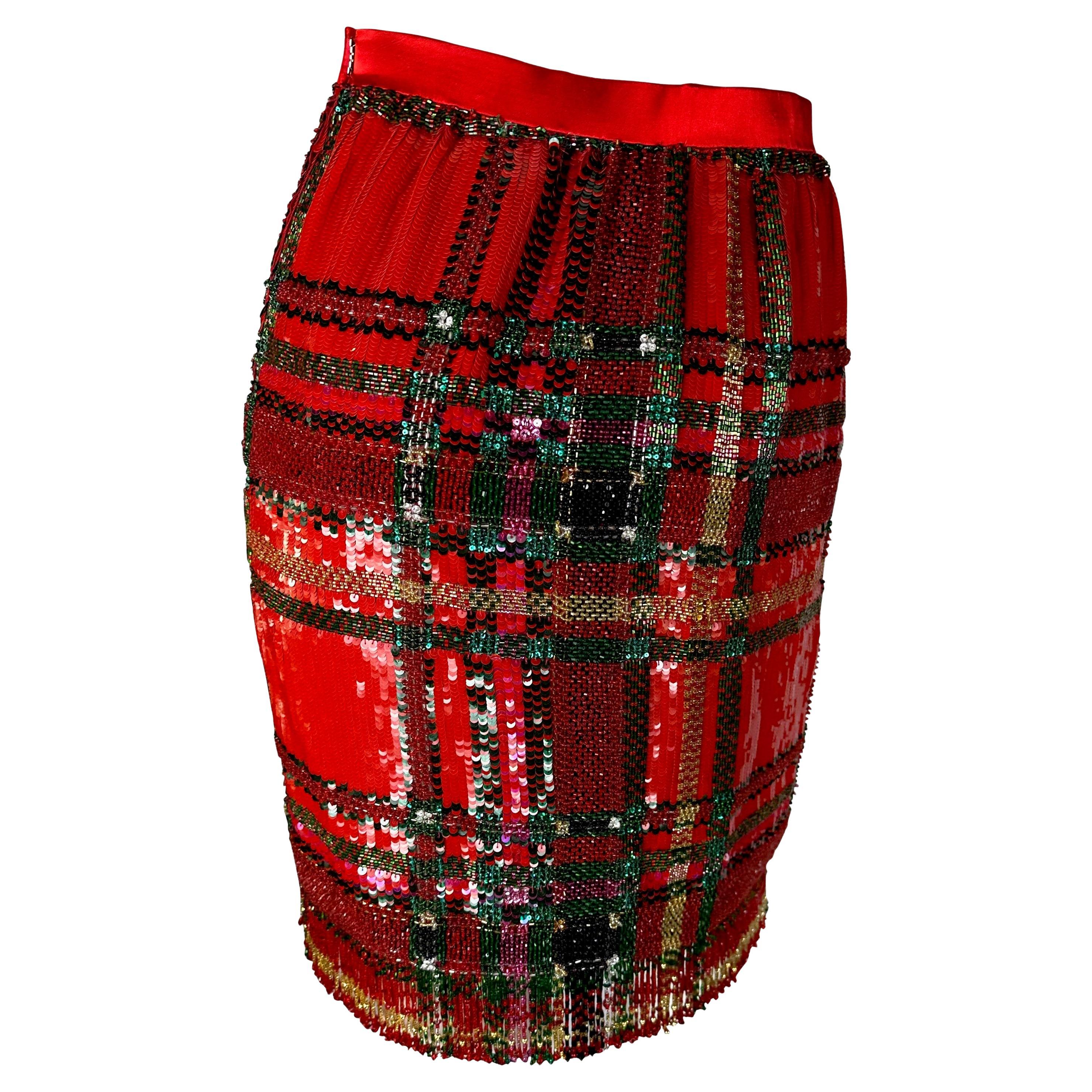 F/W 1991 Oscar de La Renta Runway Red Tartan Sequin Beaded Fringe Pencil Skirt For Sale 1
