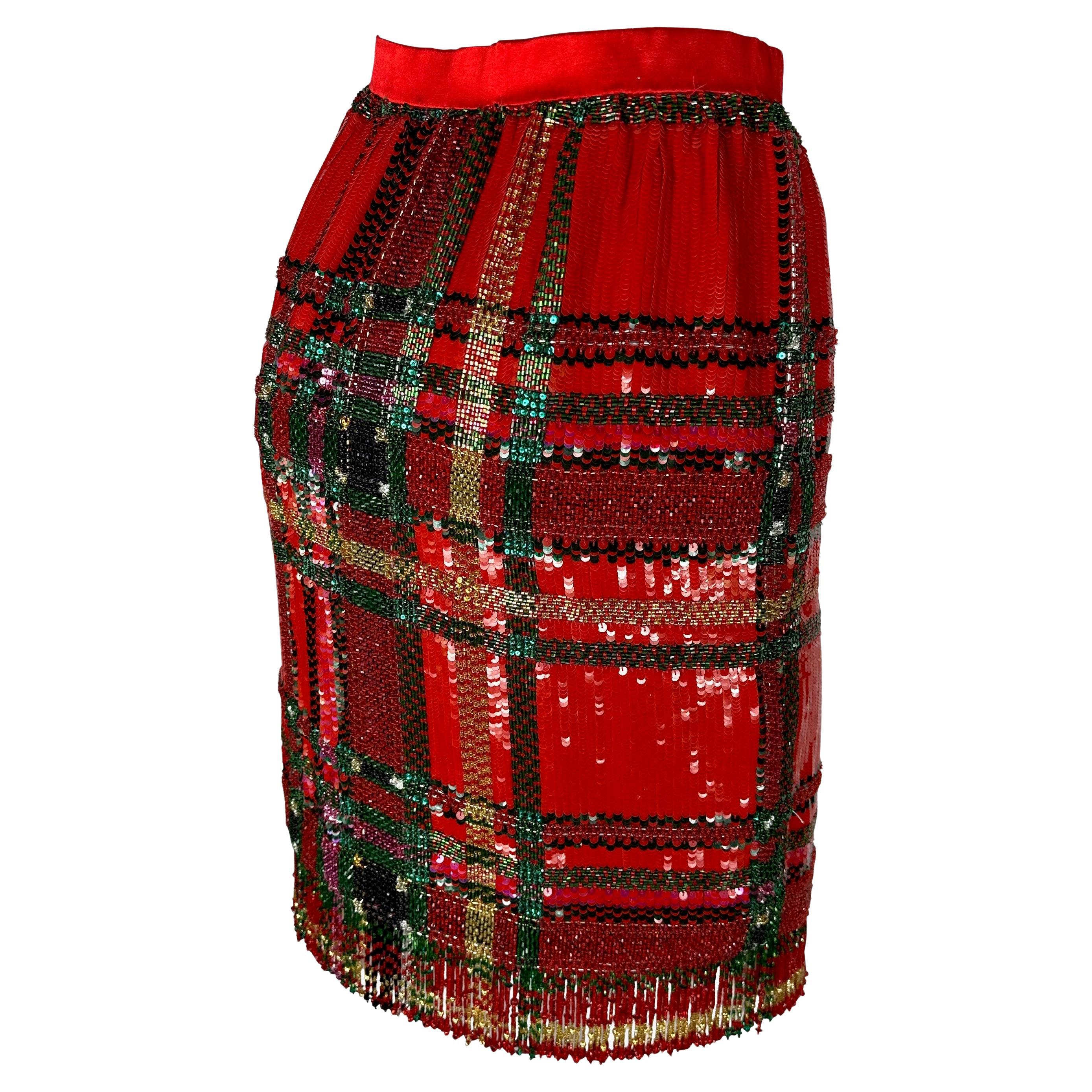 F/W 1991 Oscar de La Renta Runway Red Tartan Sequin Beaded Fringe Pencil Skirt For Sale 2