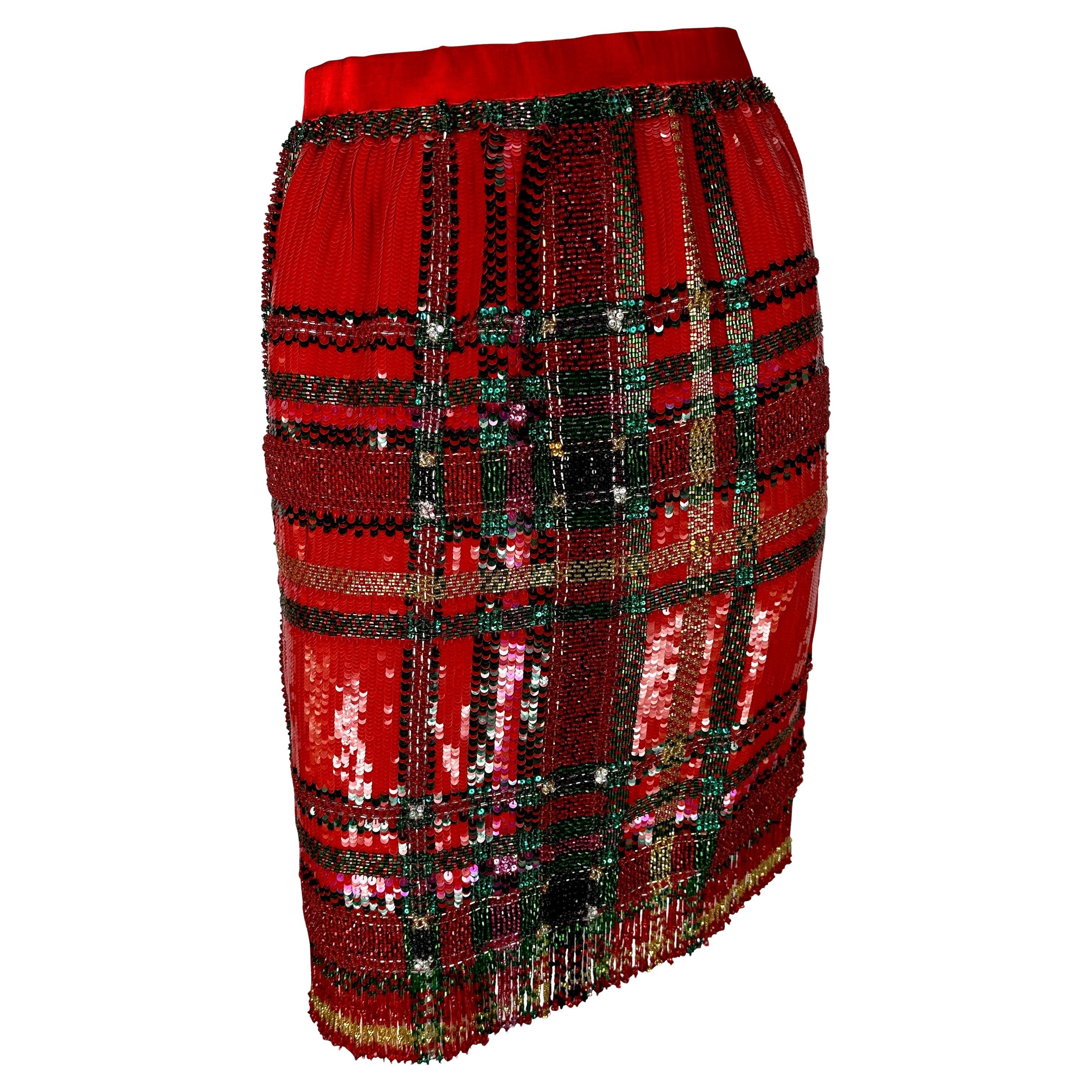 F/W 1991 Oscar de La Renta Runway Red Tartan Sequin Beaded Fringe Pencil Skirt For Sale