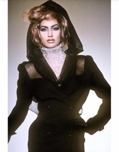 F/W 1991 Thierry Mugler Black Sheer Hooded Vintage Pantsuit