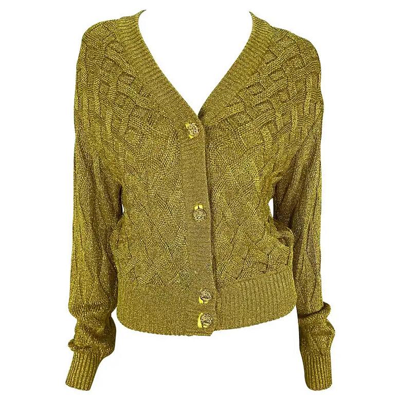 F/W 1992 Atelier Versace Suéter de punto por cable metalizado dorado