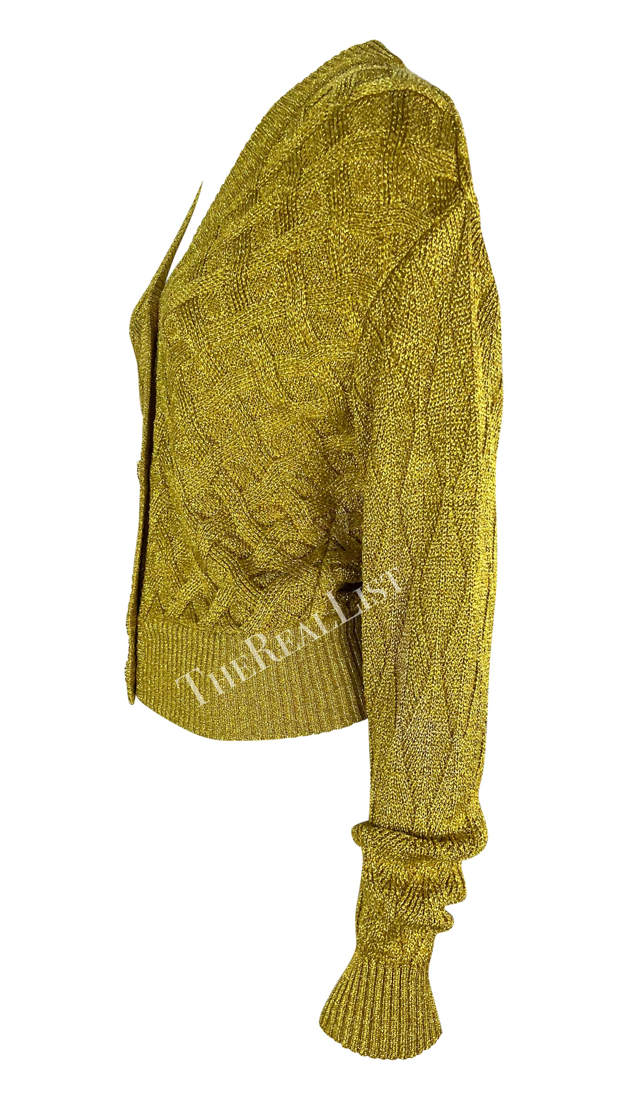 F/W 1992 Atelier Versace Gold Metallic Cable Knit Cardigan Sweater In Good Condition For Sale In West Hollywood, CA