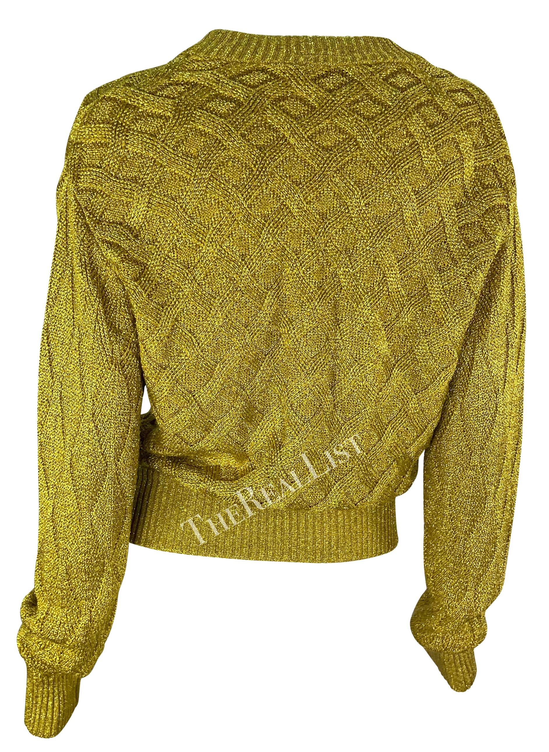 Women's F/W 1992 Atelier Versace Gold Metallic Cable Knit Cardigan Sweater For Sale