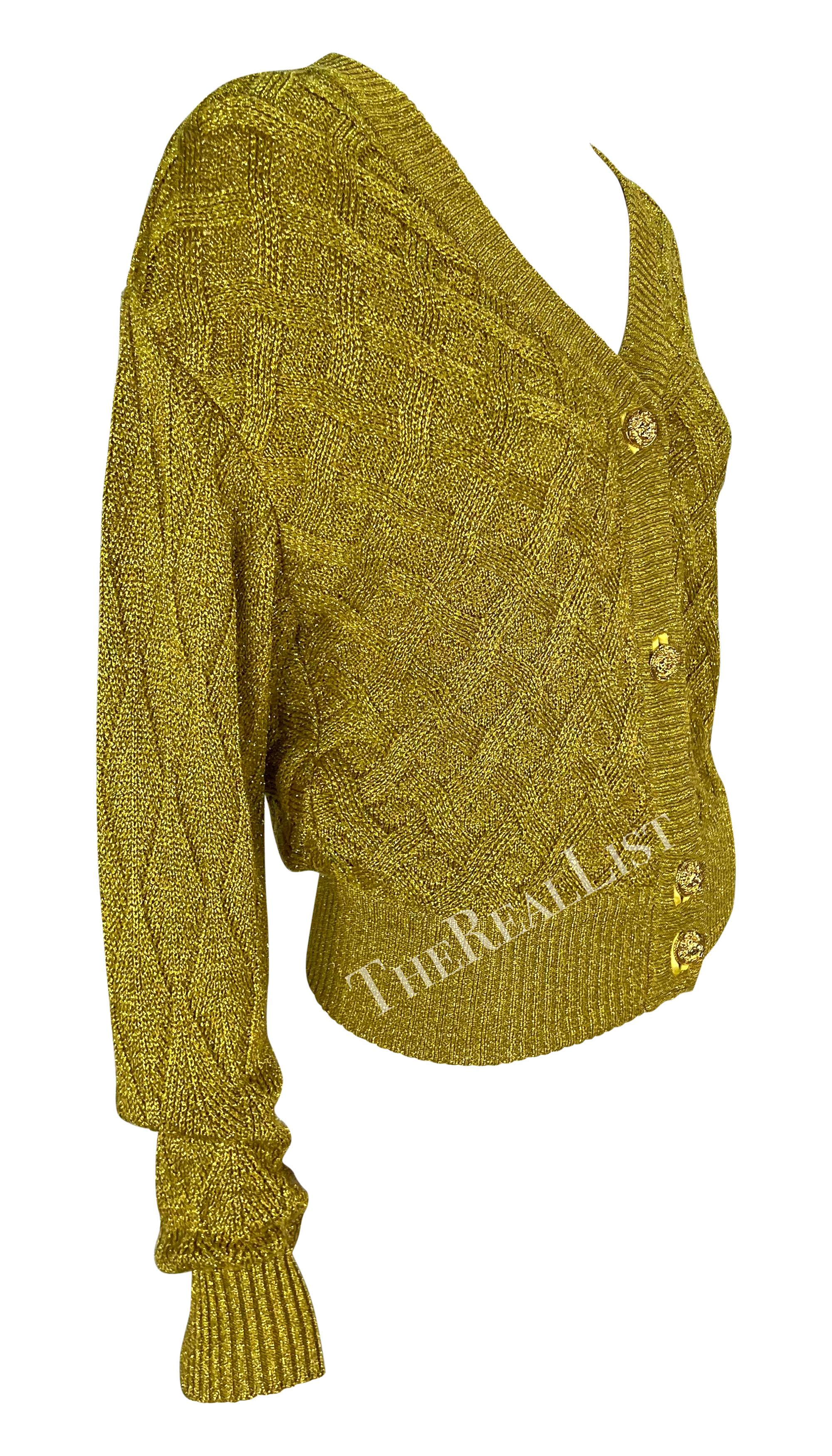 F/W 1992 Atelier Versace Gold Metallic Cable Knit Cardigan Sweater For Sale 1
