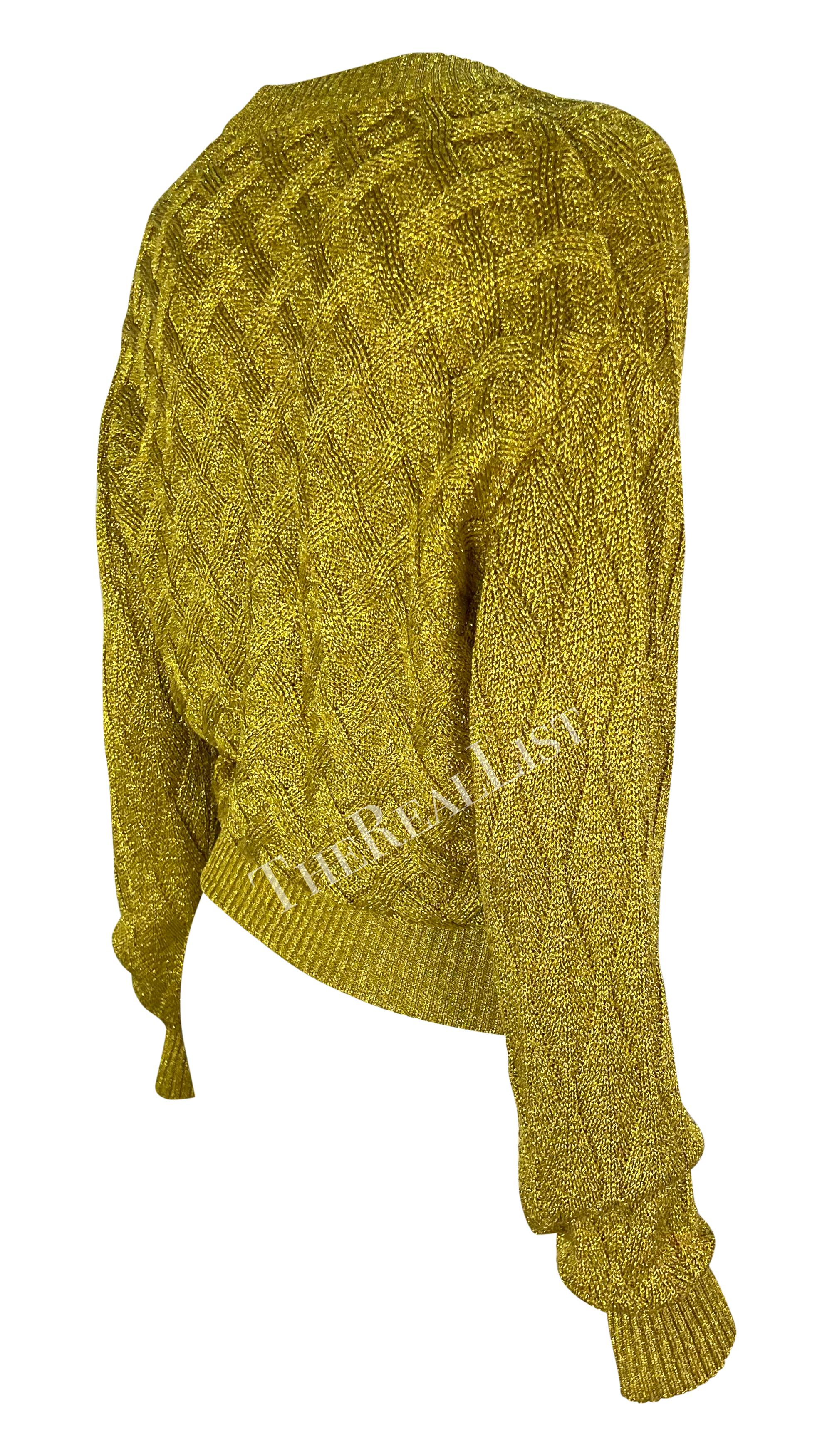 F/W 1992 Atelier Versace Gold Metallic Cable Knit Cardigan Sweater For Sale 2