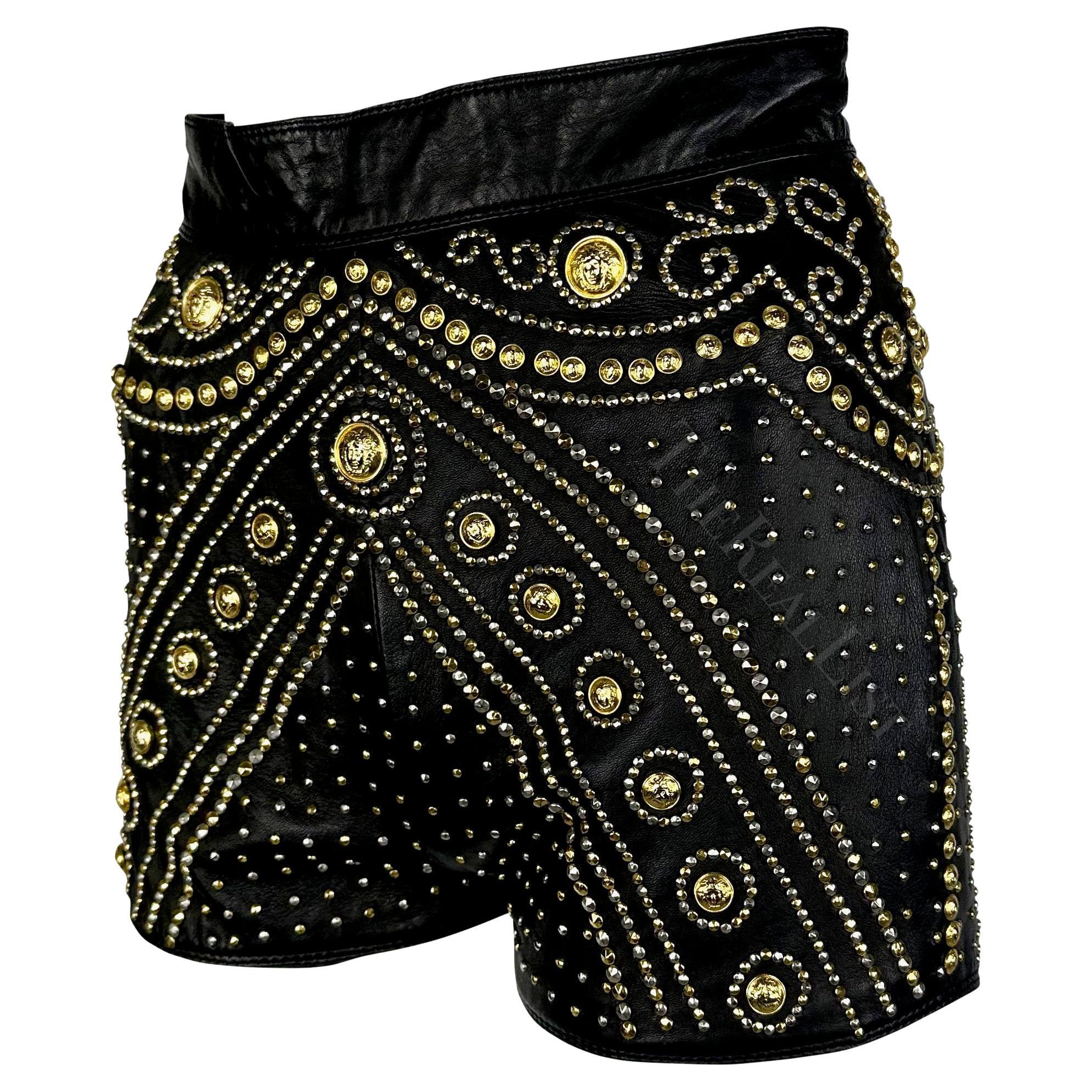 Women's F/W 1992 Atelier Versace Haute Couture Runway Medusa Studded Leather Shorts For Sale