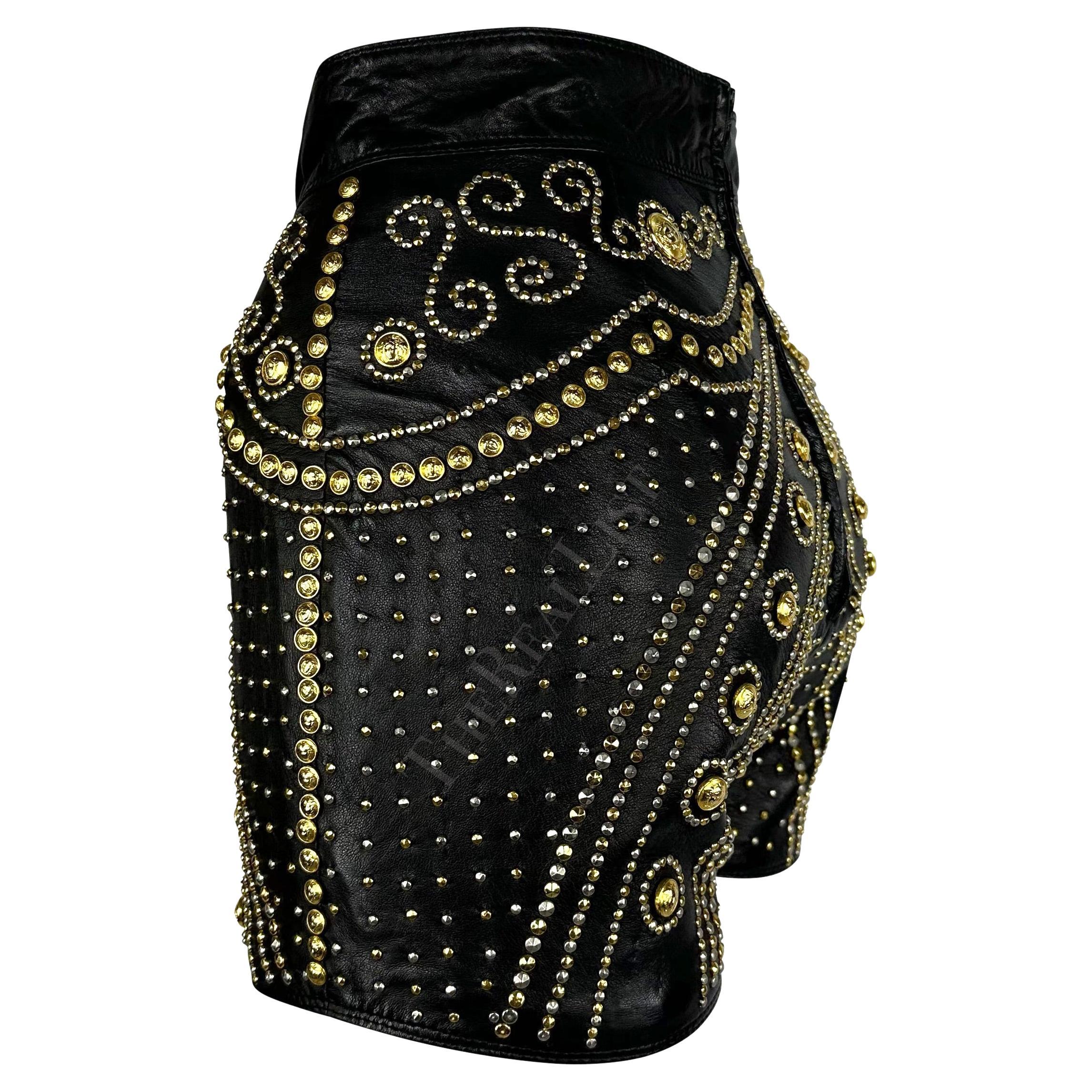 F/W 1992 Atelier Versace Haute Couture Runway Medusa Studded Leather Shorts For Sale 2