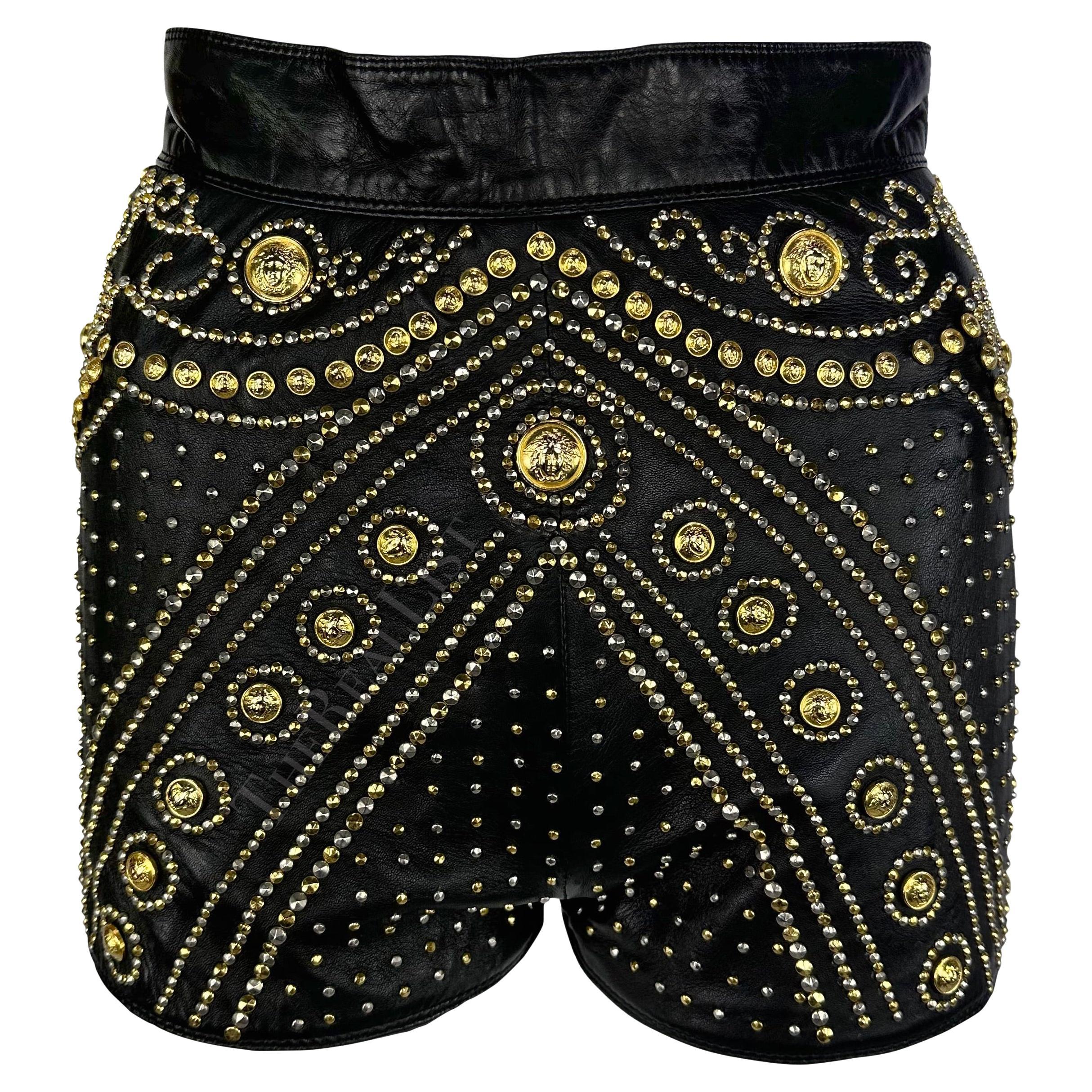 F/W 1992 Atelier Versace Haute Couture Runway Medusa Studded Leather Shorts For Sale