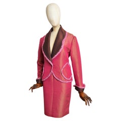 F/W 1992 Christian Dior Gianfranco Ferré Hot Pink Jacquard Cannage Skirt Suit