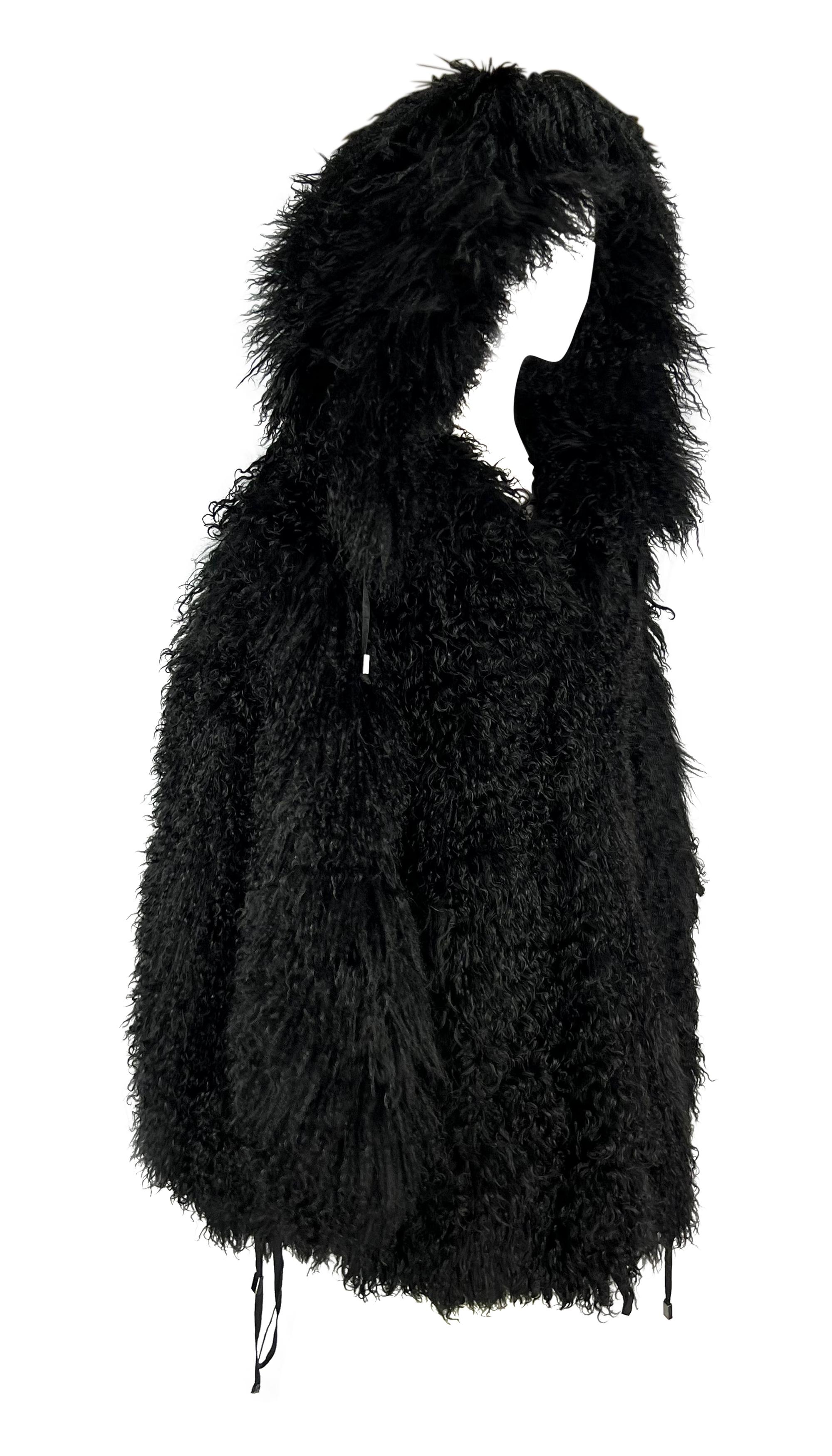 F/W 1992 Claude Montana Runway Oversized Hooded Black Mongolian Lamb Fur Coat For Sale 7