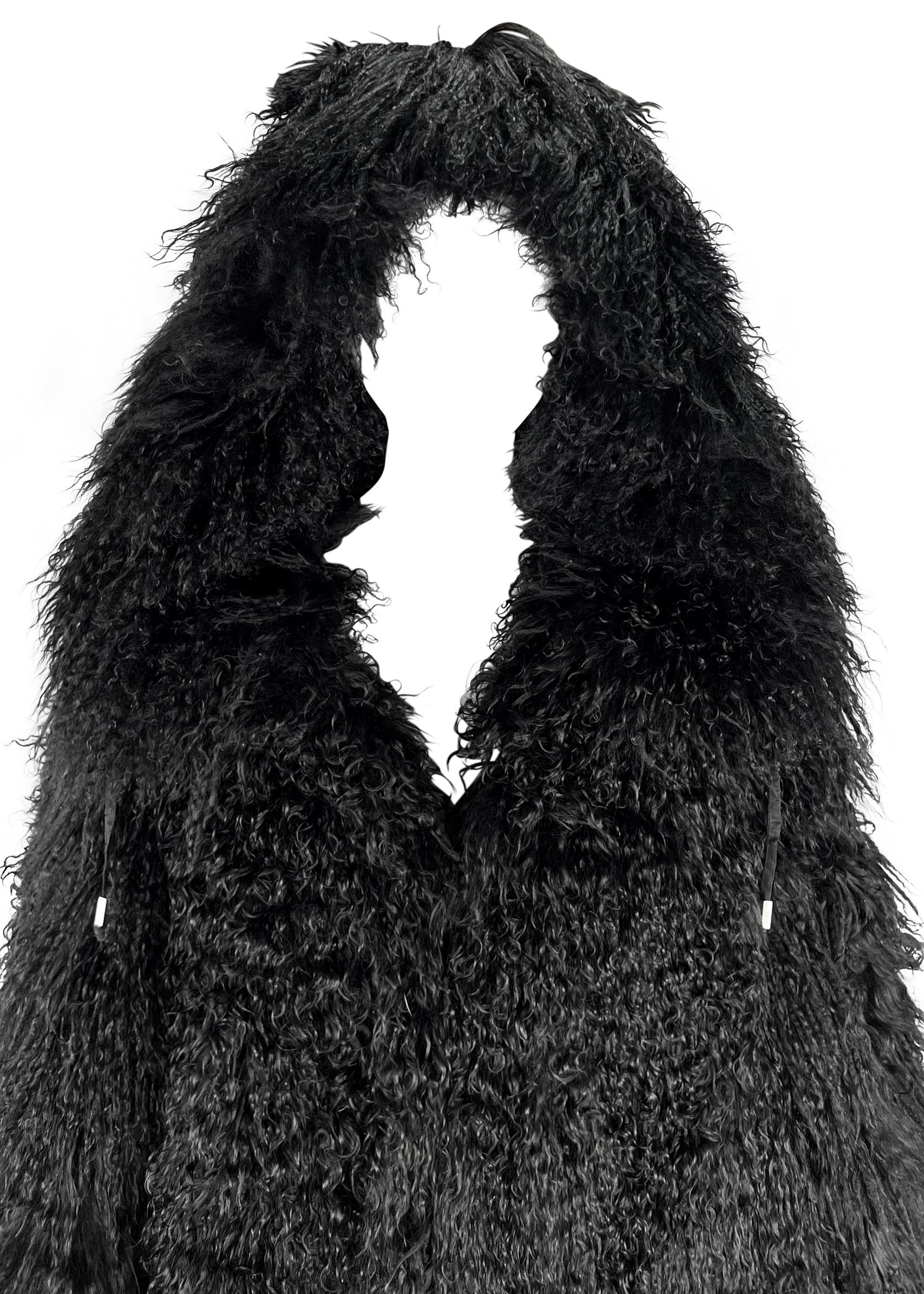 Women's or Men's F/W 1992 Claude Montana Runway Oversized Hooded Black Mongolian Lamb Fur Coat For Sale