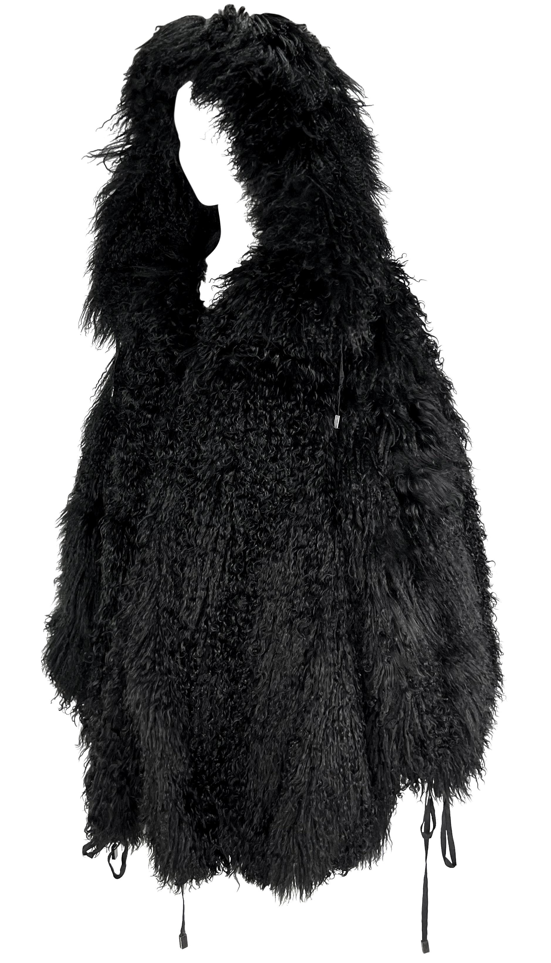 F/W 1992 Claude Montana Runway Oversized Hooded Black Mongolian Lamb Fur Coat For Sale 1
