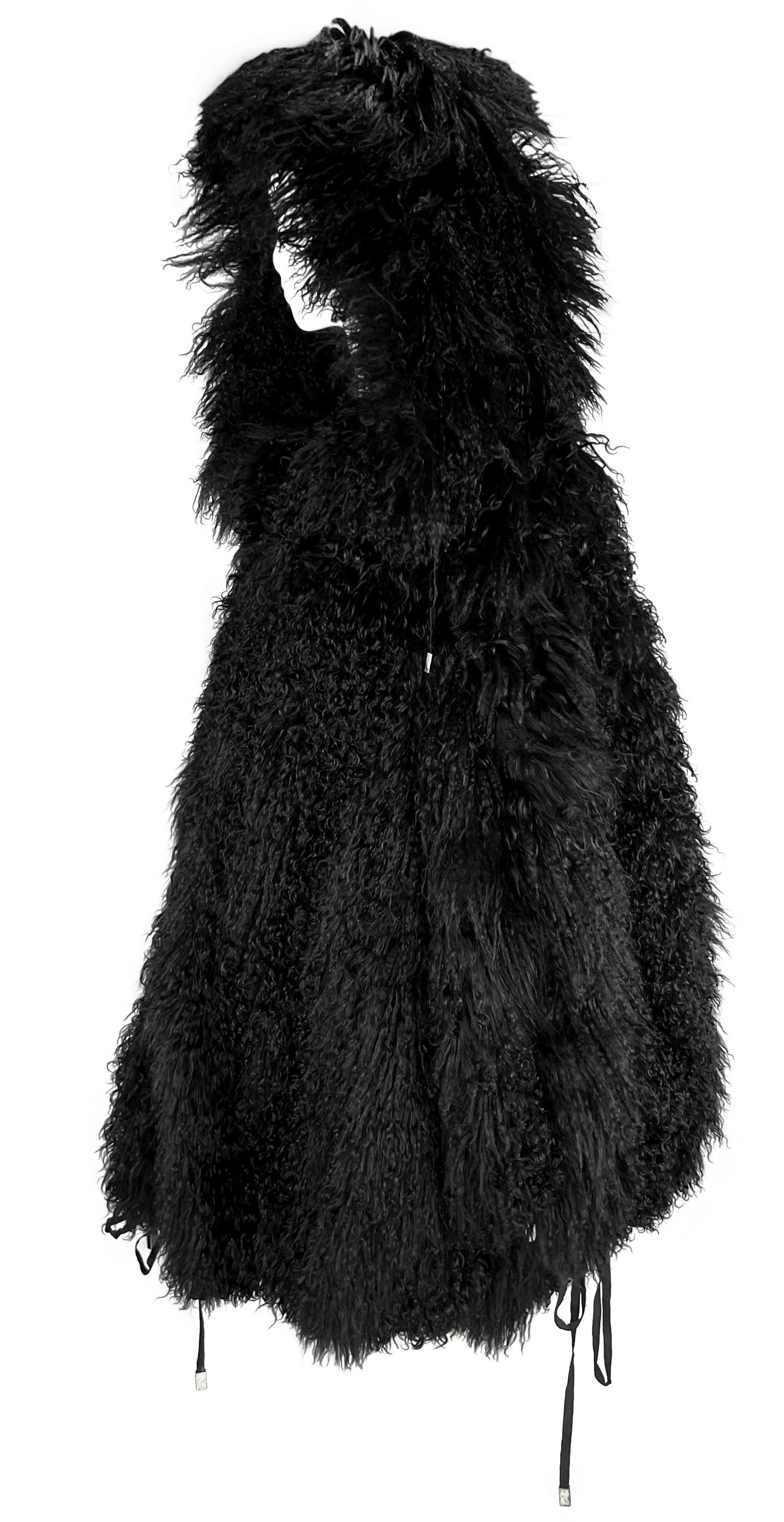 F/W 1992 Claude Montana Runway Oversized Hooded Black Mongolian Lamb Fur Coat For Sale 3