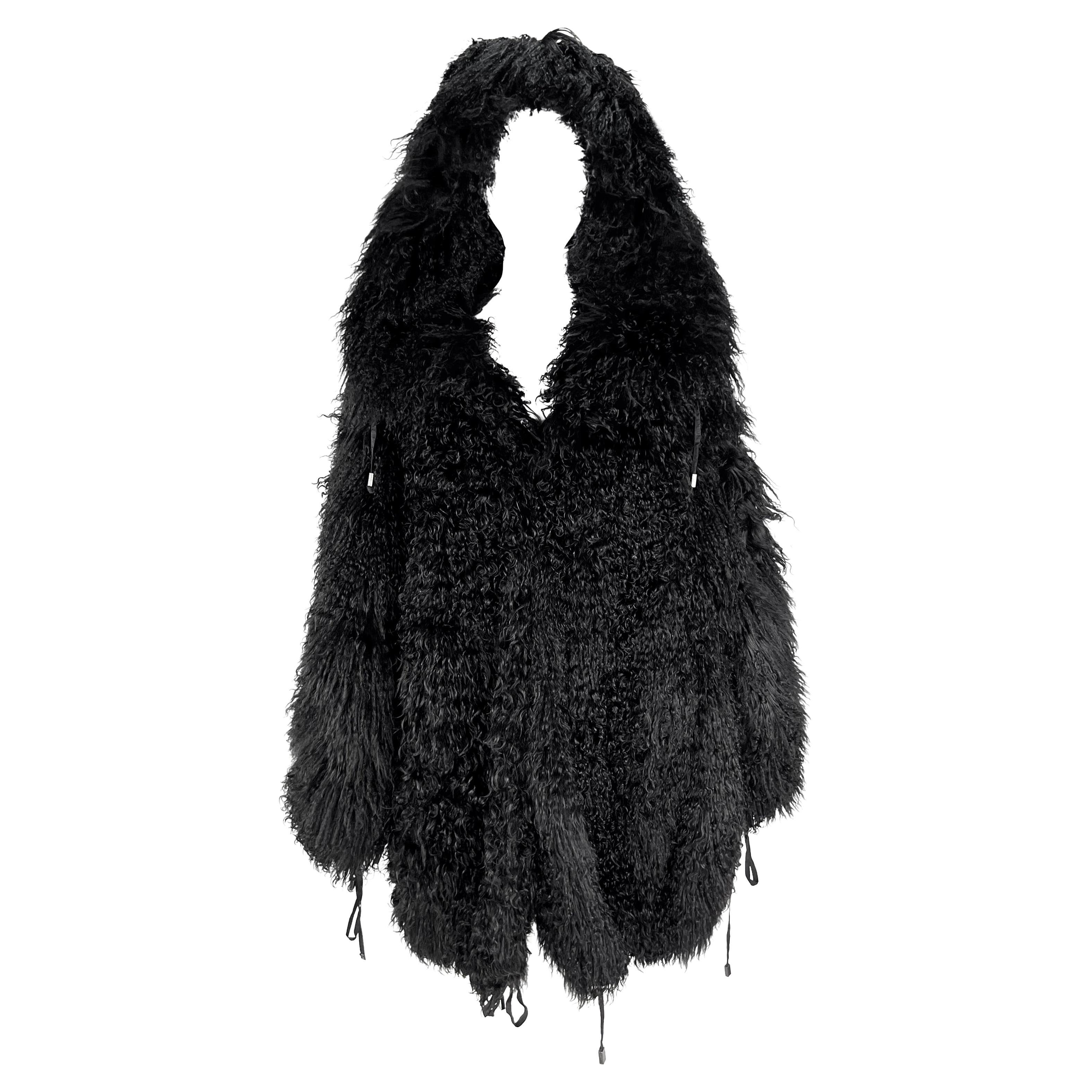 F/W 1992 Claude Montana Runway Oversized Hooded Black Mongolian Lamb Fur Coat For Sale