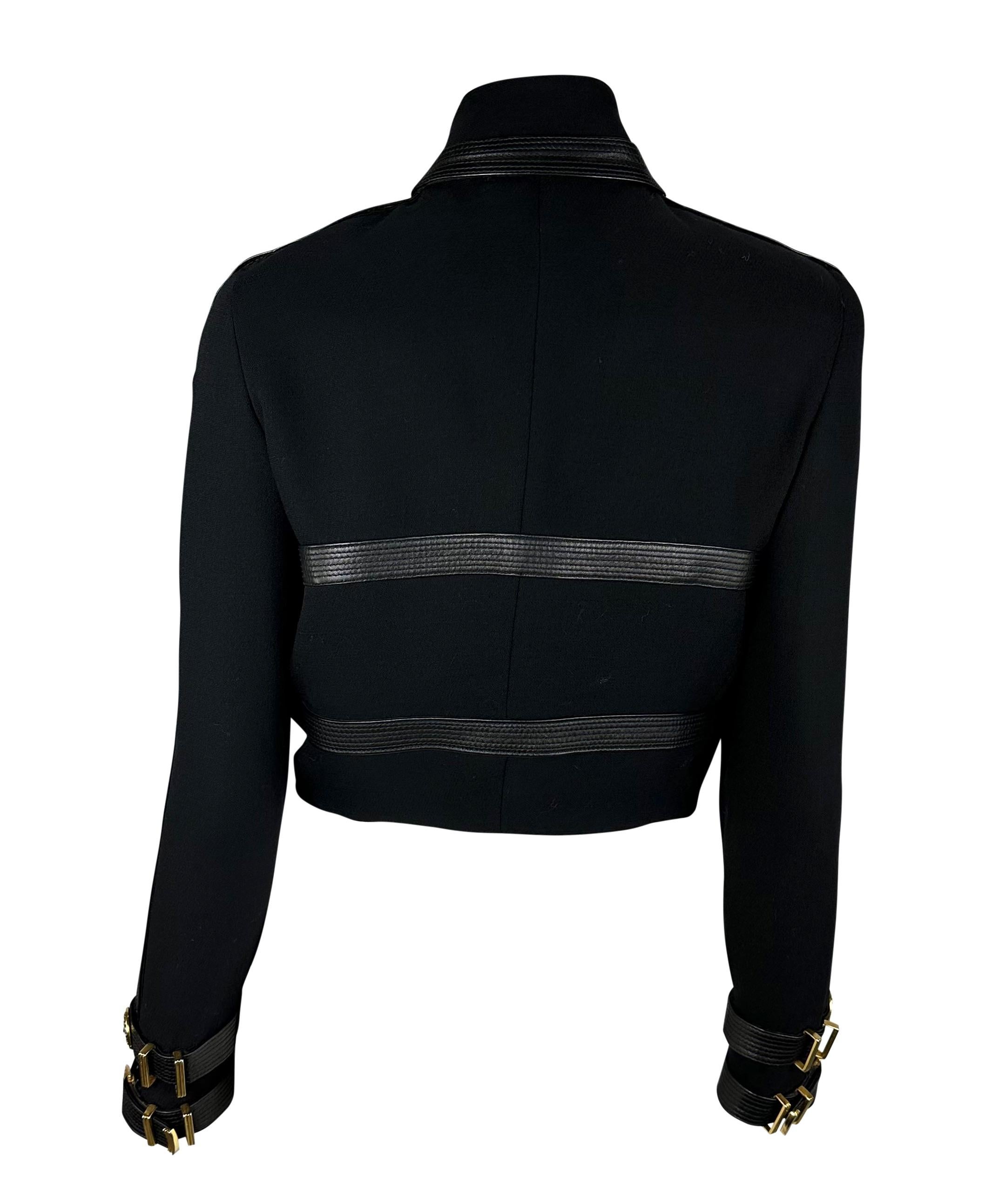 F/W 1992 Gianni Versace Black Wool and Leather Bondage Buckle Cropped Jacket In Excellent Condition In West Hollywood, CA