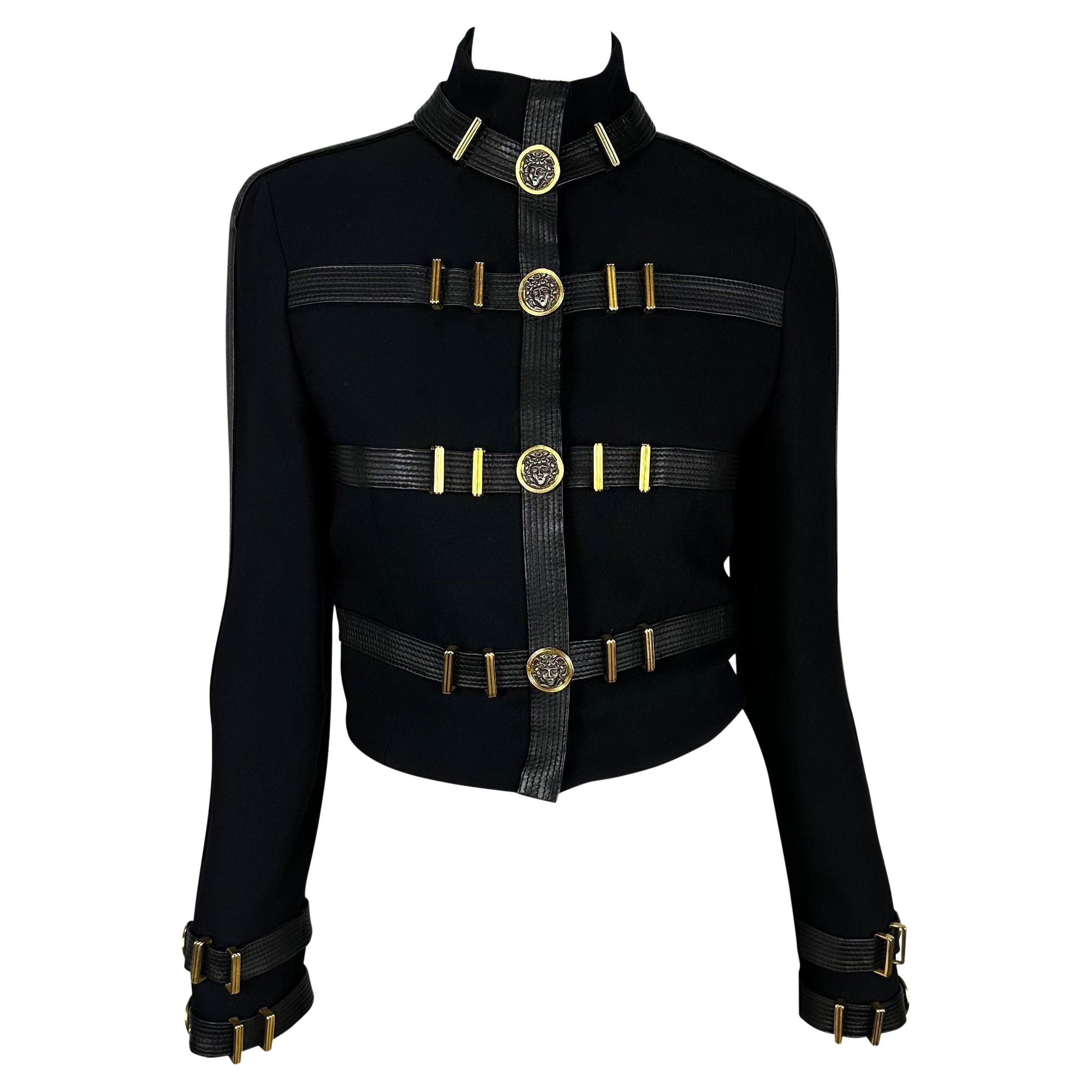 F/W 1992 Gianni Versace Black Wool and Leather Bondage Buckle Cropped Jacket