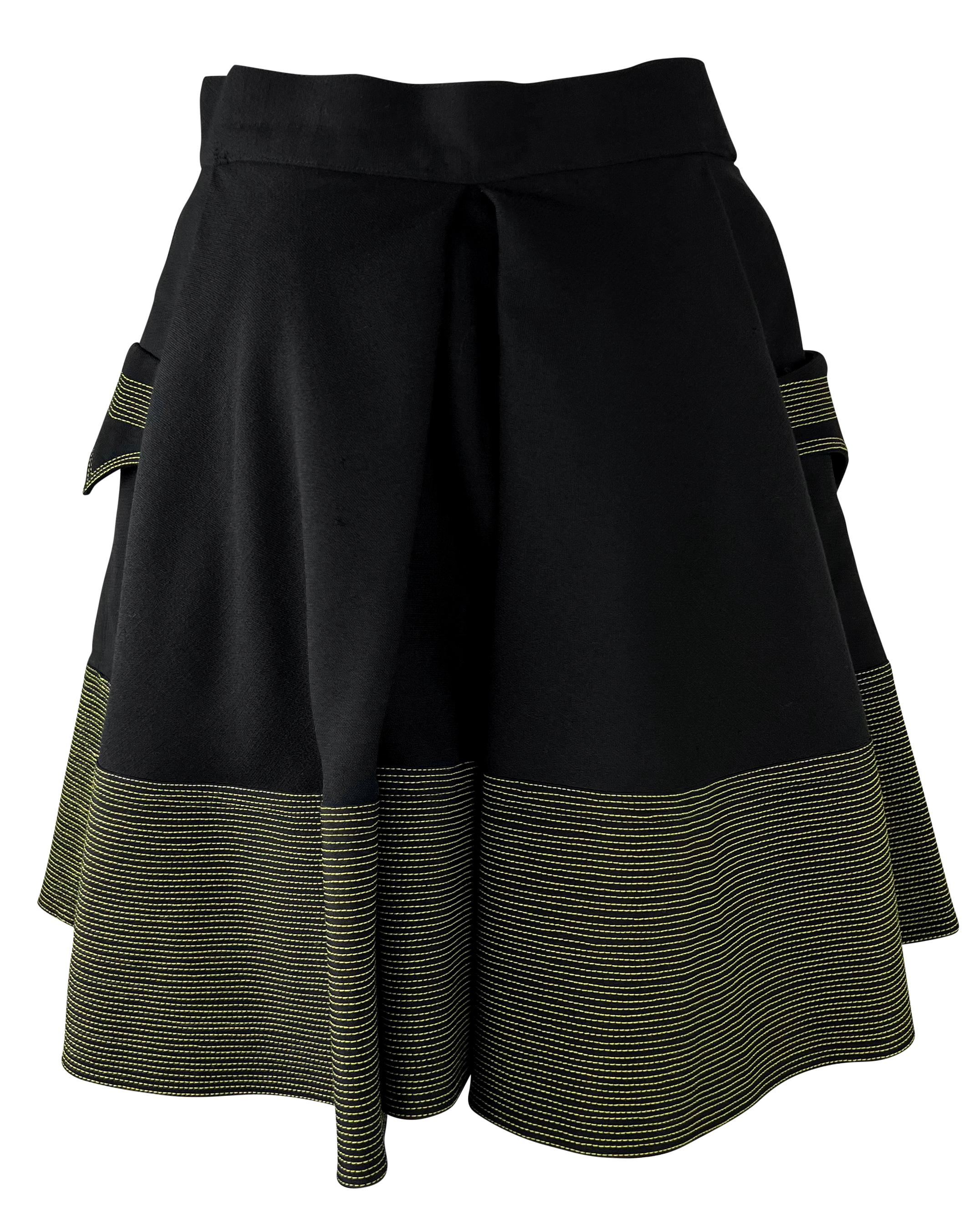 F/W 1992 Gianni Versace Black Wool Yellow Stitching Flared Skirt In Excellent Condition For Sale In West Hollywood, CA