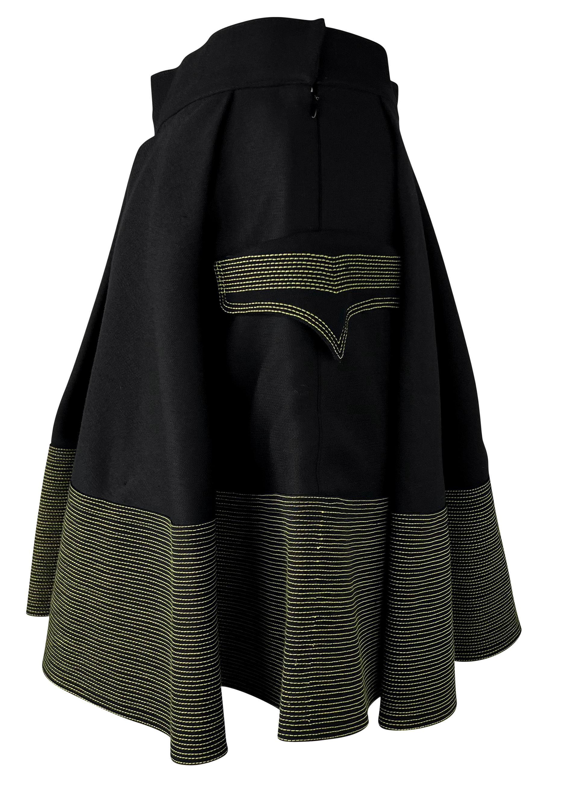 Women's F/W 1992 Gianni Versace Black Wool Yellow Stitching Flared Skirt For Sale