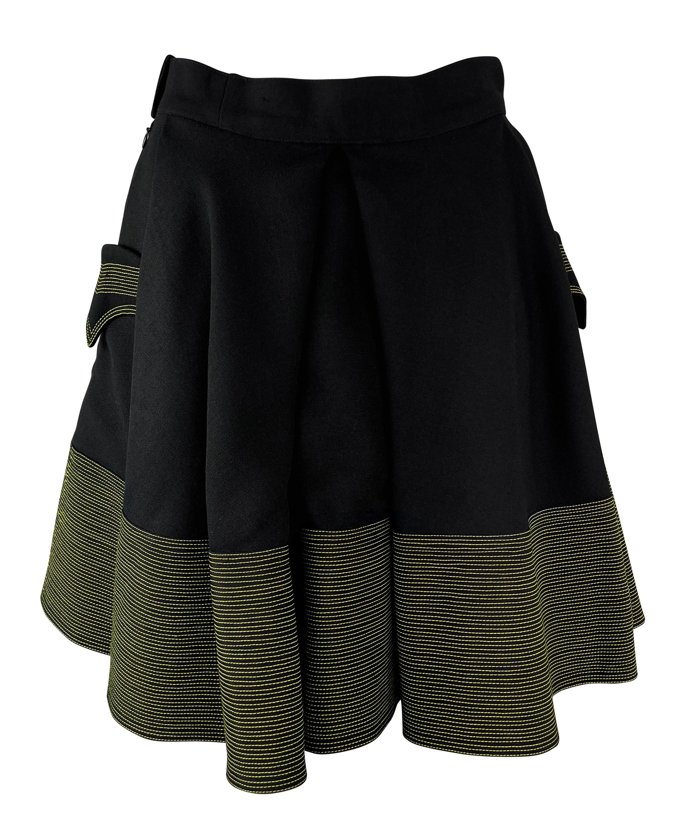 F/W 1992 Gianni Versace Black Wool Yellow Stitching Flared Skirt For Sale 1