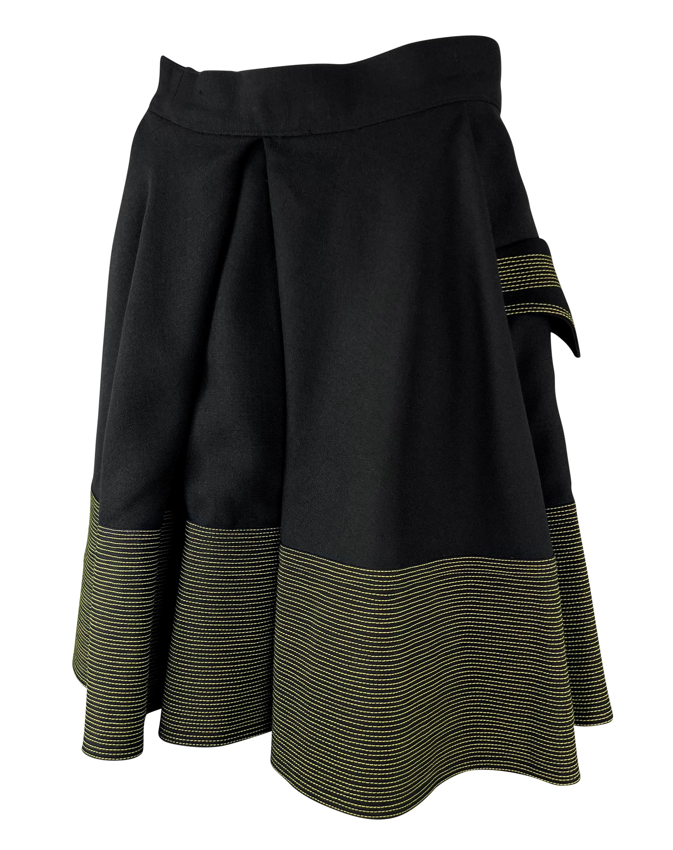 F/W 1992 Gianni Versace Black Wool Yellow Stitching Flared Skirt For Sale 2