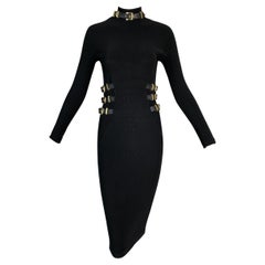 F/W 1992 Gianni Versace Bondage Black Buckles Bodycon Stretch Wiggle Dress