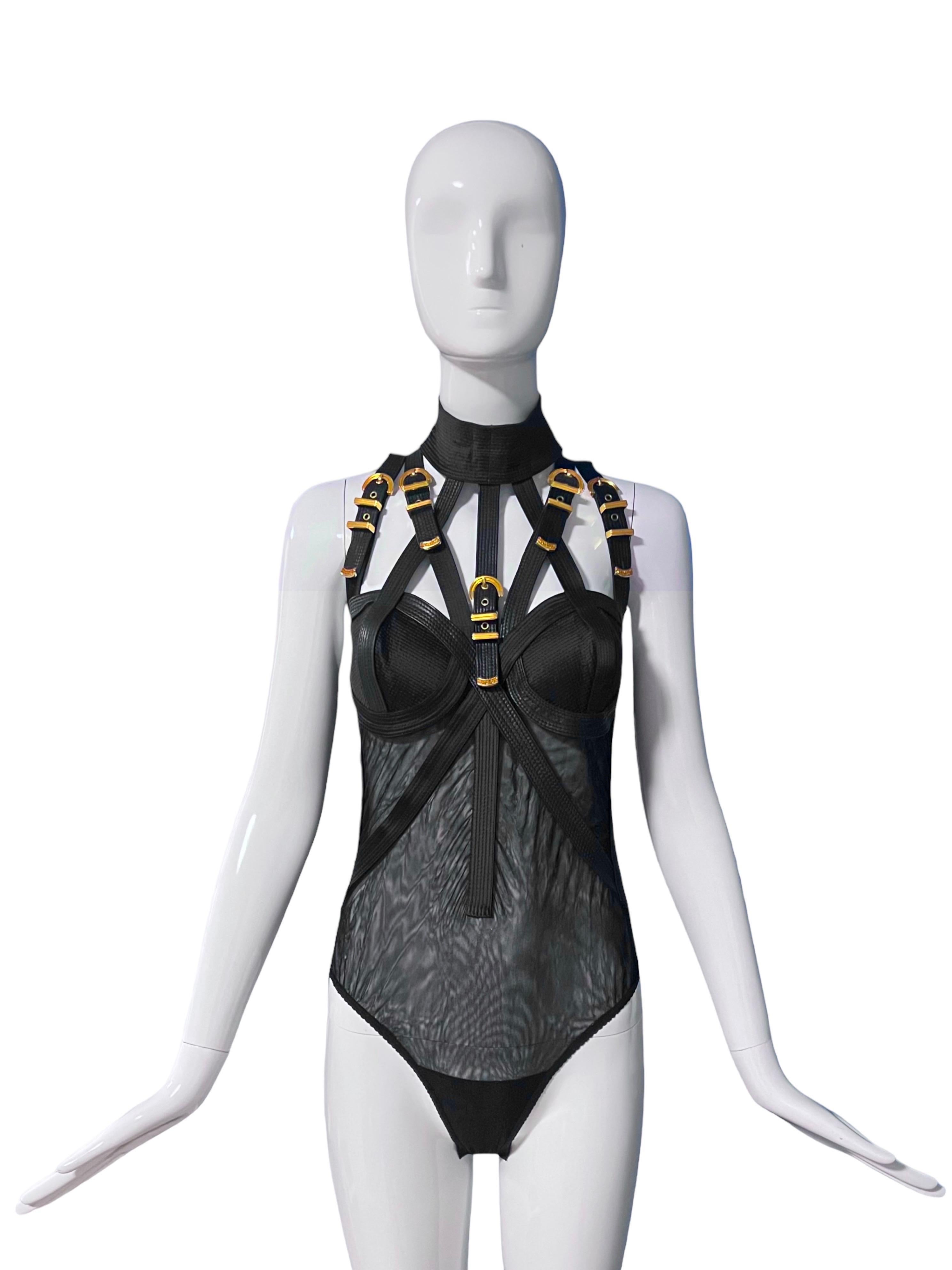 Black F/W 1992 Gianni Versace Bondage Buckle Bodysuit Documented Miss S&M For Sale