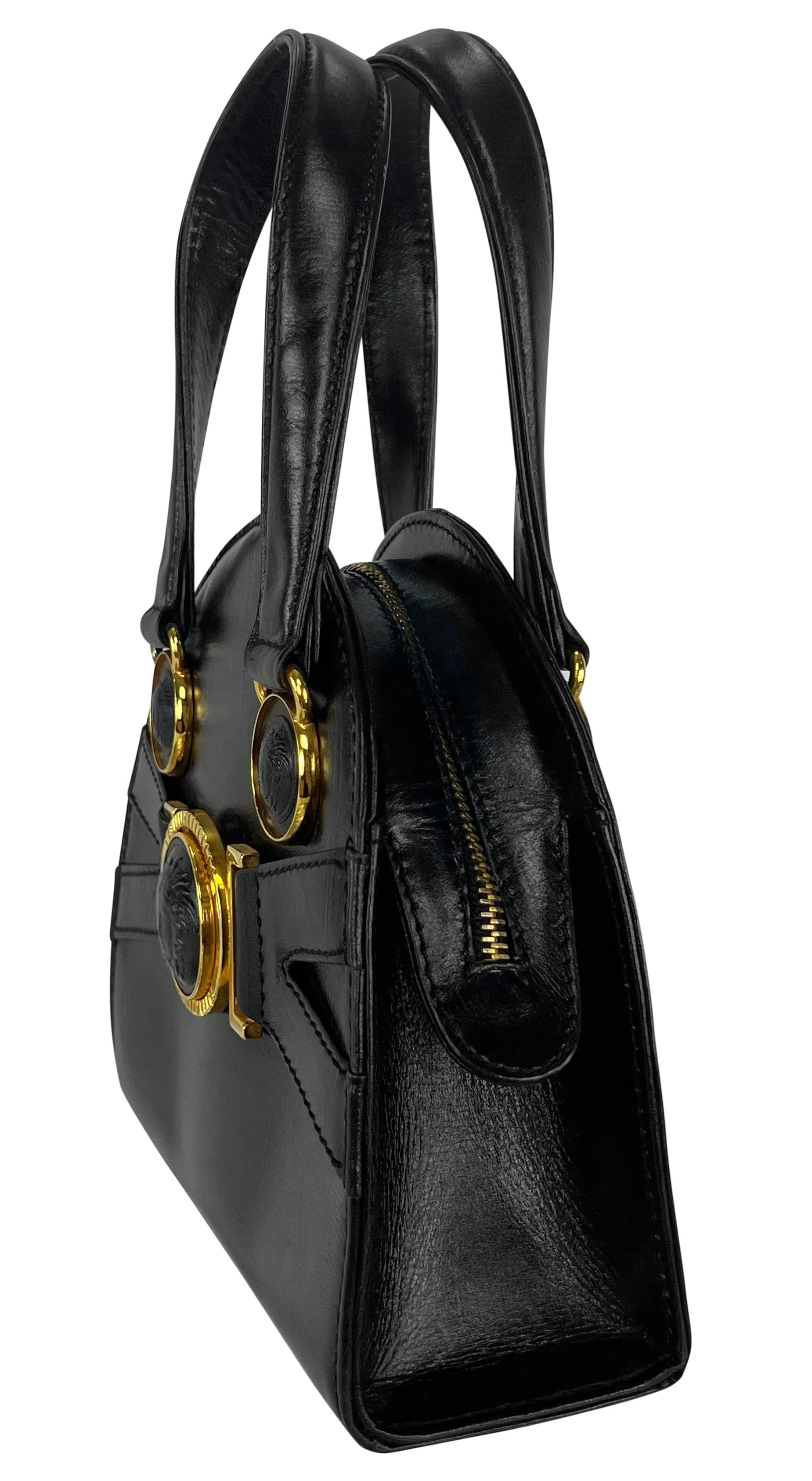 F/W 1992 Gianni Versace Bondage Strap Black Leather Medusa Mini Bag Crossbody In Good Condition For Sale In West Hollywood, CA