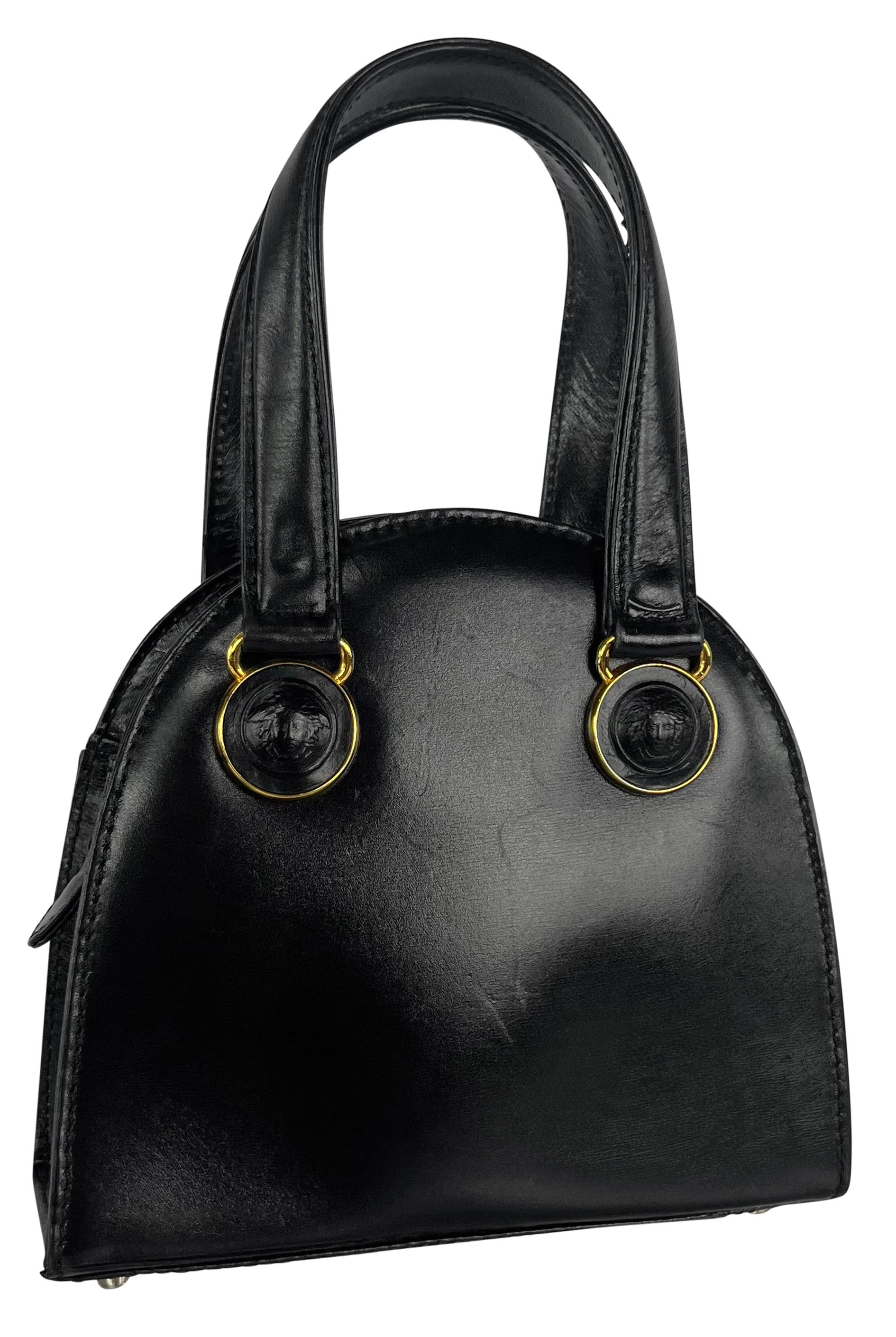 F/W 1992 Gianni Versace Bondage Strap Black Leather Medusa Mini Bag Crossbody For Sale 1