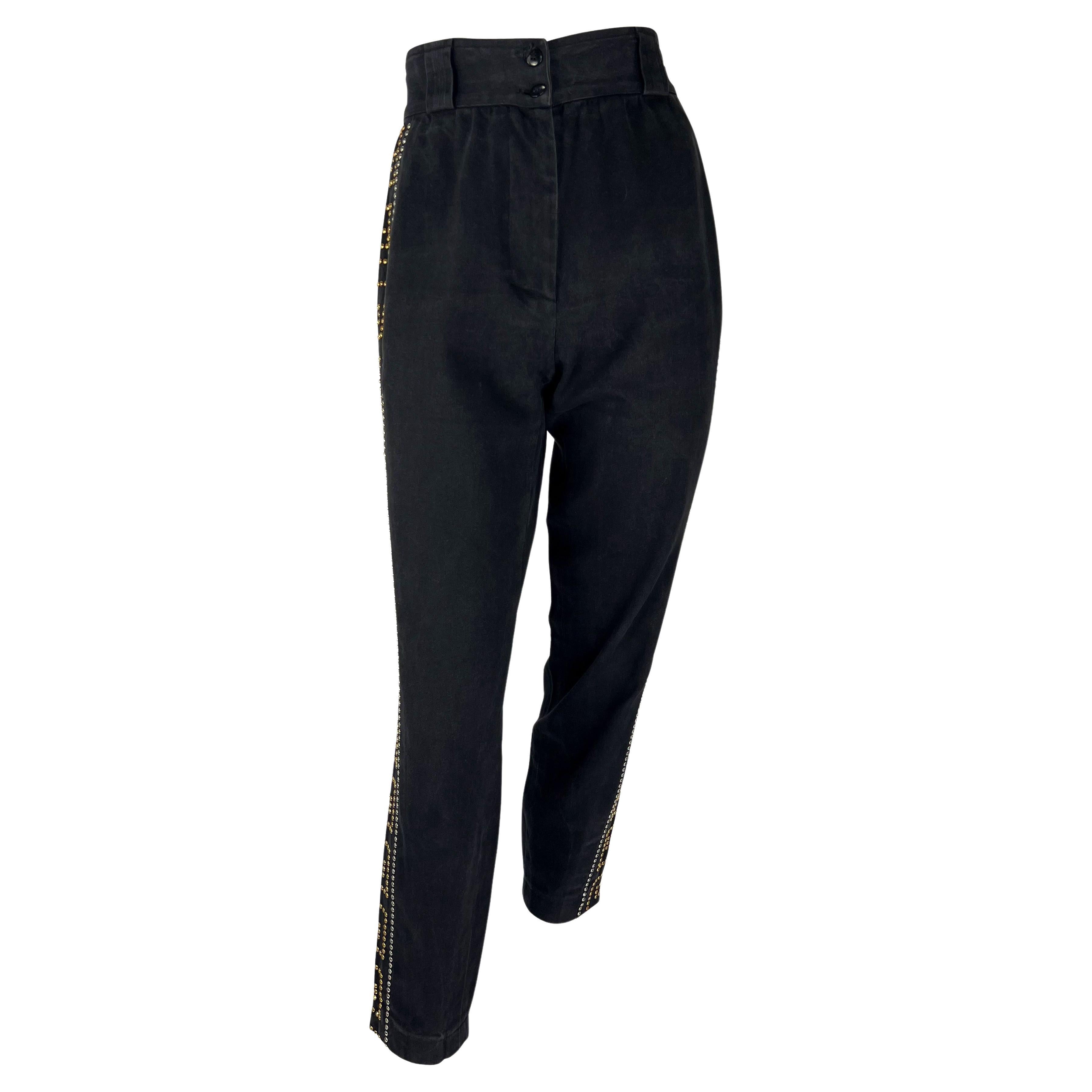 Women's F/W 1992 Gianni Versace Couture Greek Key Studded Gold Silver Black Jeans