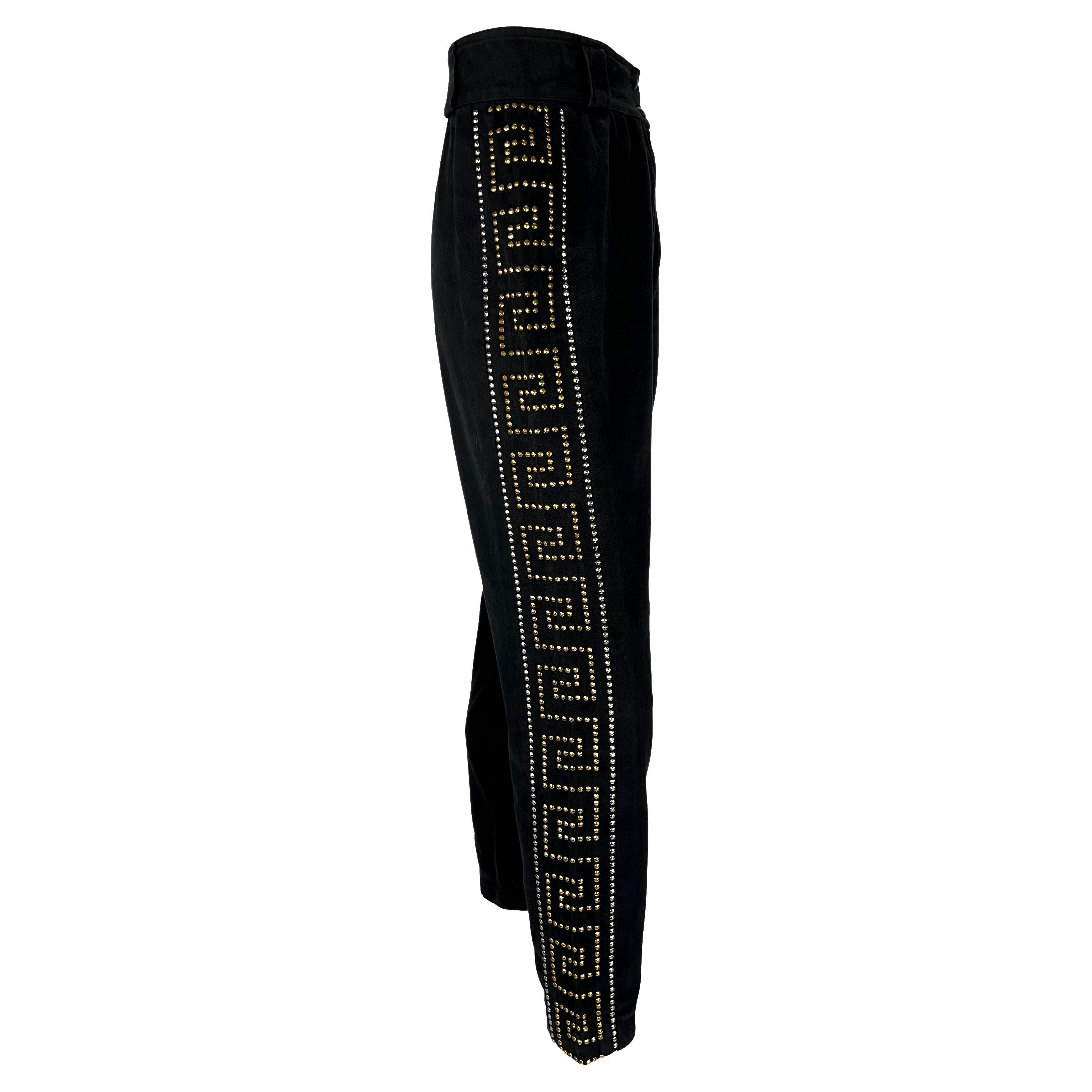 F/W 1992 Gianni Versace Couture Greek Key Studded Gold Silver Black Jeans 2