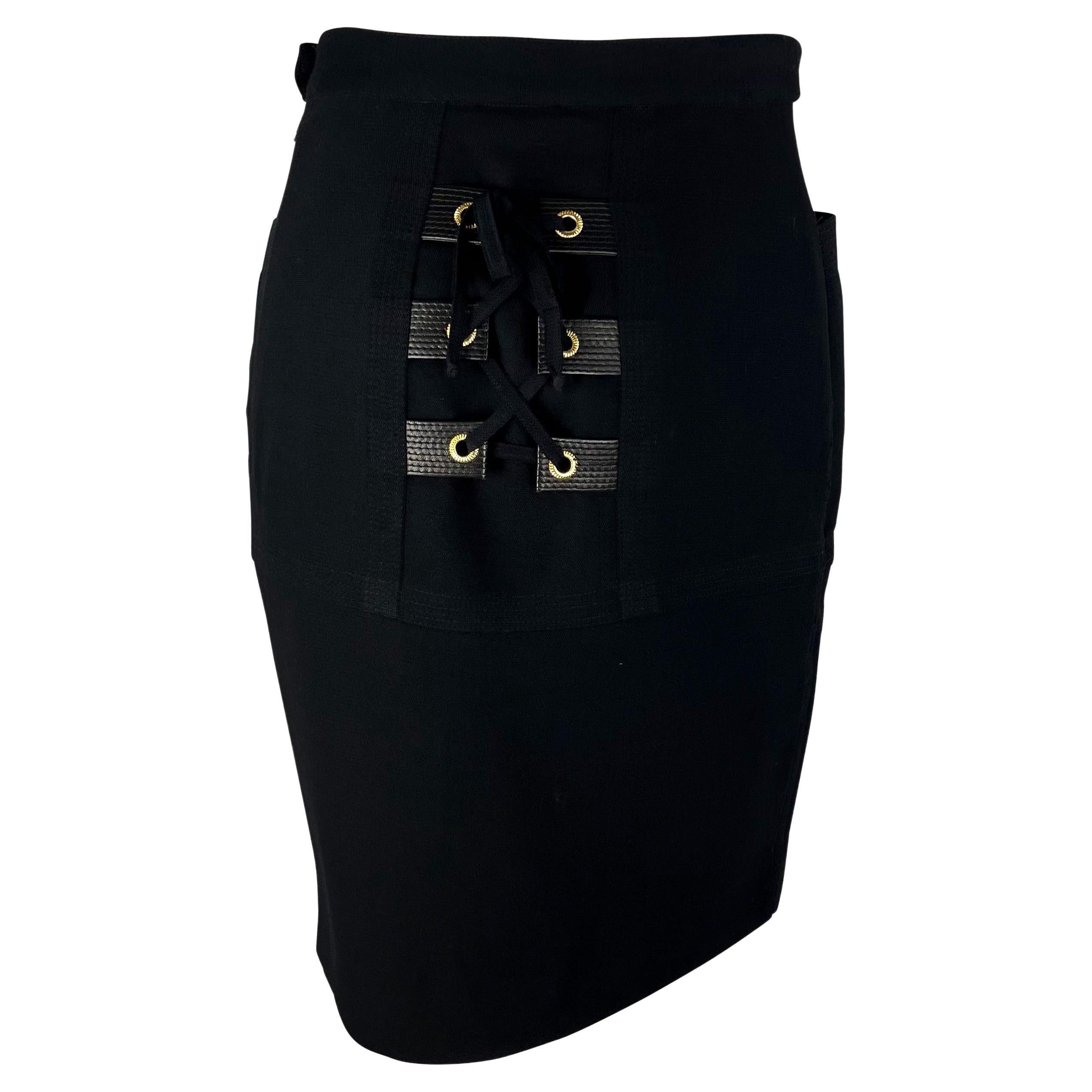 Black F/W 1992 Gianni Versace Couture 'Miss S&M' Runway Bondage Buckle Wool Skirt For Sale