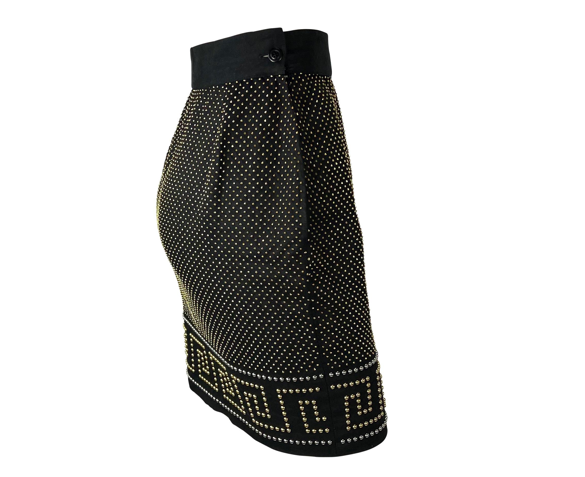 S/S 1992 Gianni Versace Studded Black Linen Greek Key Skirt For Sale 5