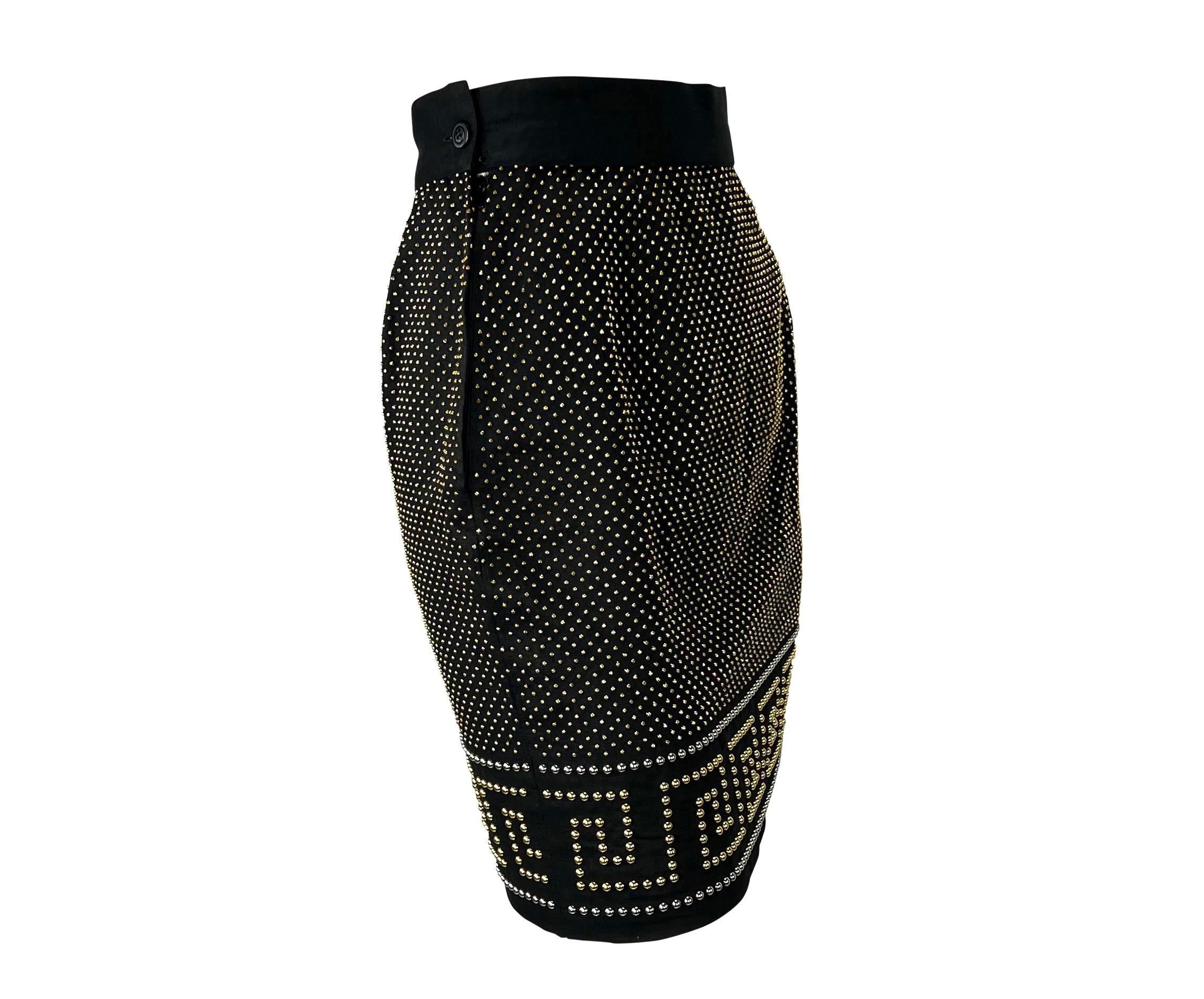 S/S 1992 Gianni Versace Studded Black Linen Greek Key Skirt For Sale 6