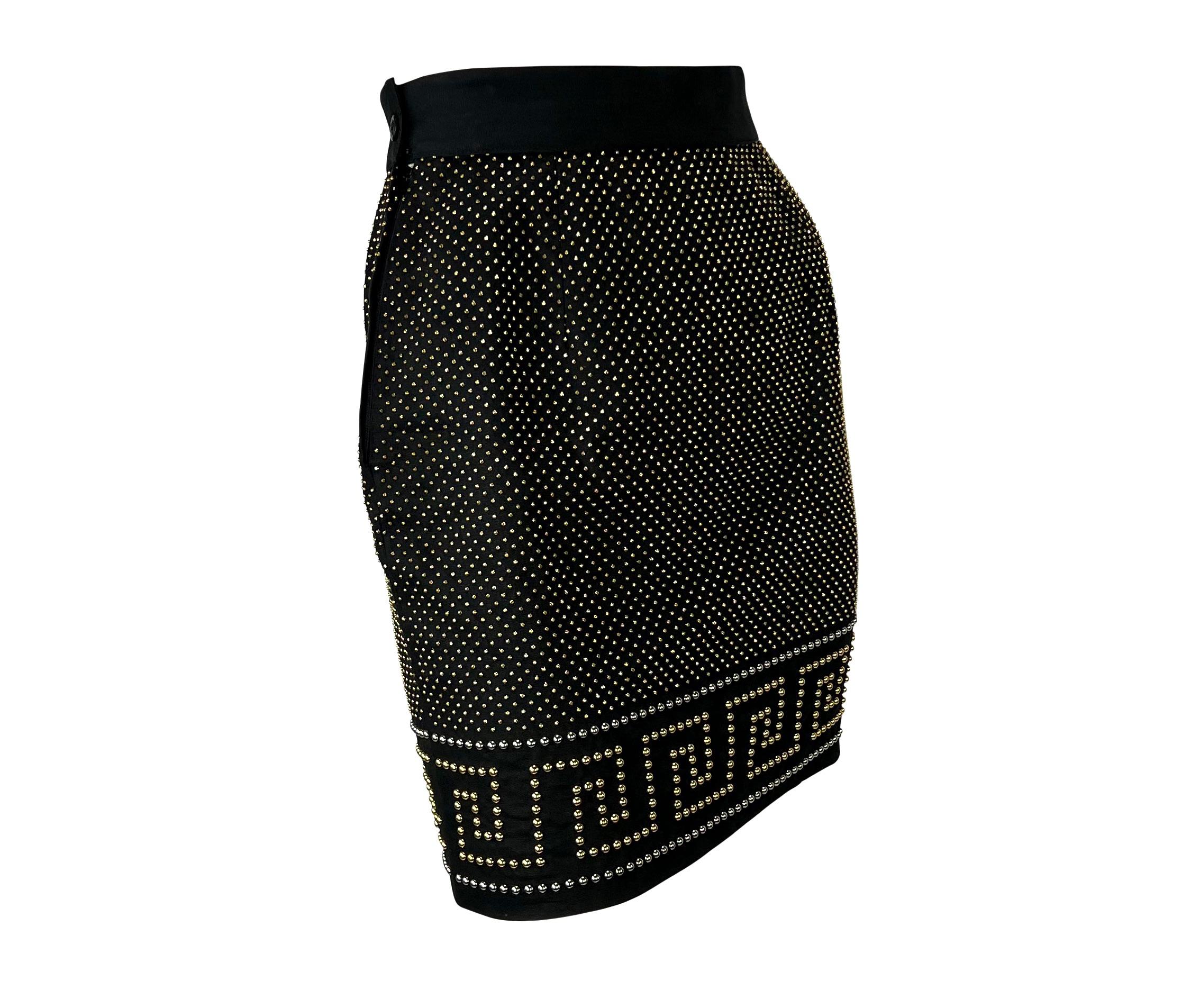 S/S 1992 Gianni Versace Studded Black Linen Greek Key Skirt For Sale 7