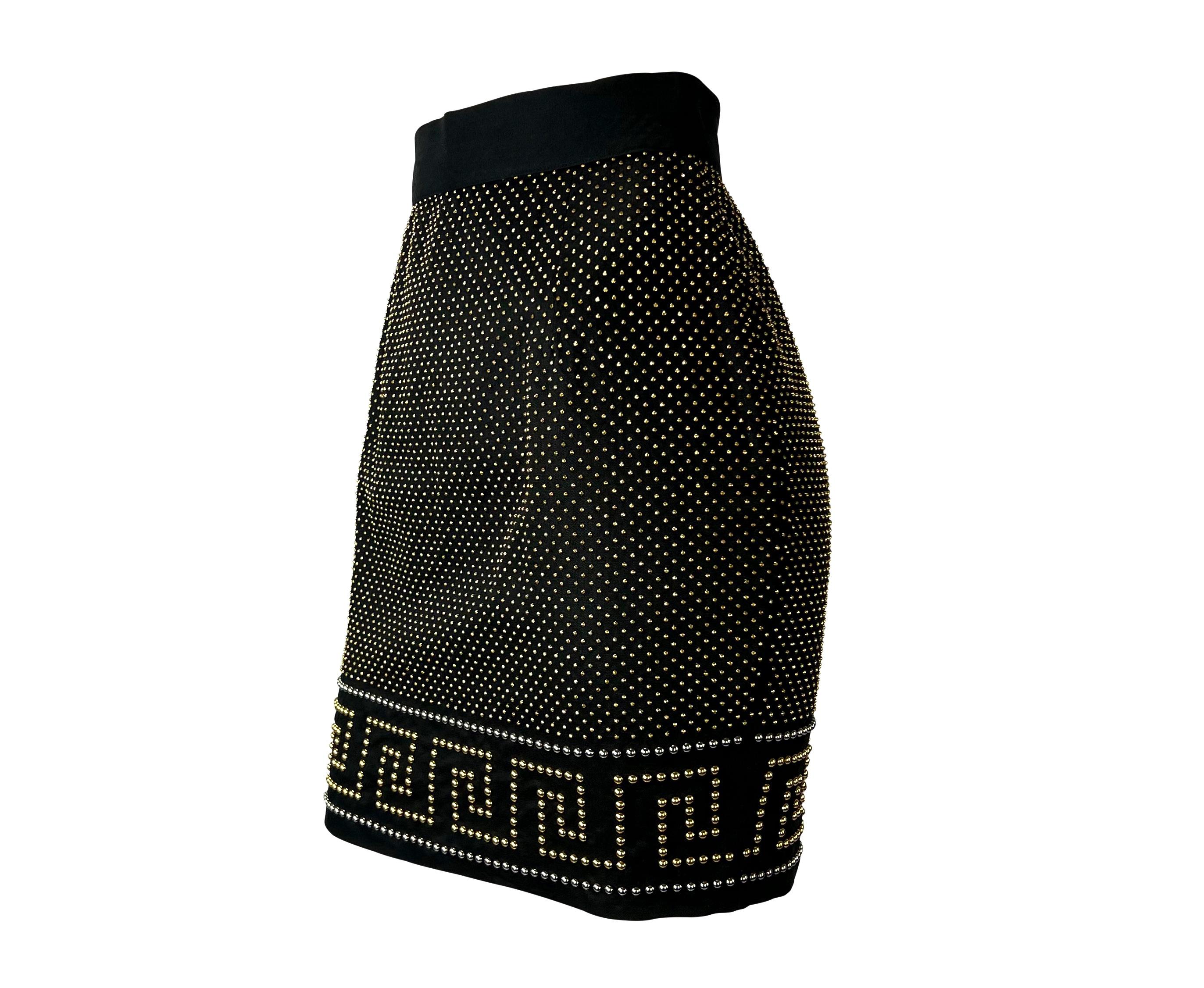 S/S 1992 Gianni Versace Studded Black Linen Greek Key Skirt For Sale 1
