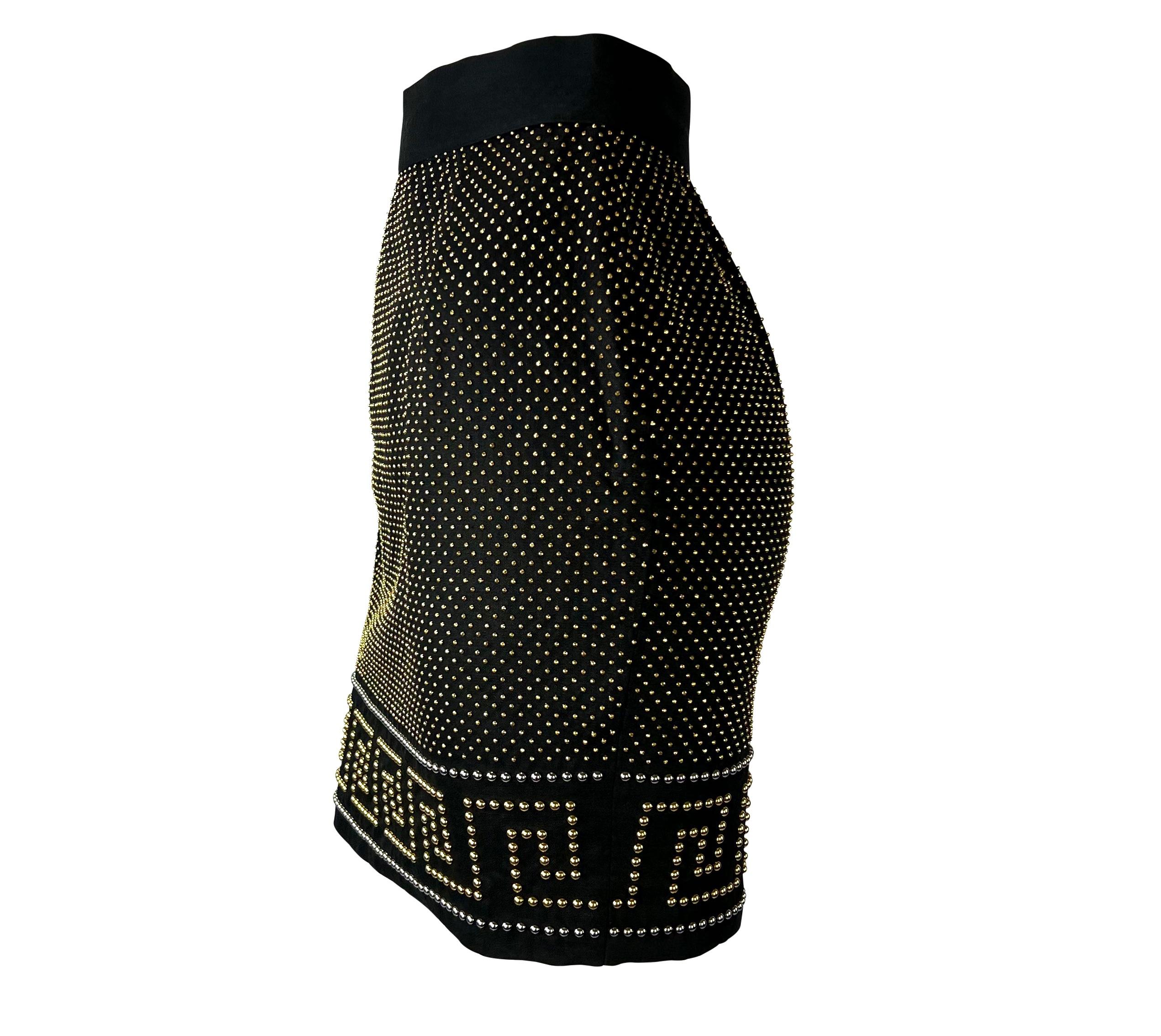 S/S 1992 Gianni Versace Studded Black Linen Greek Key Skirt For Sale 2