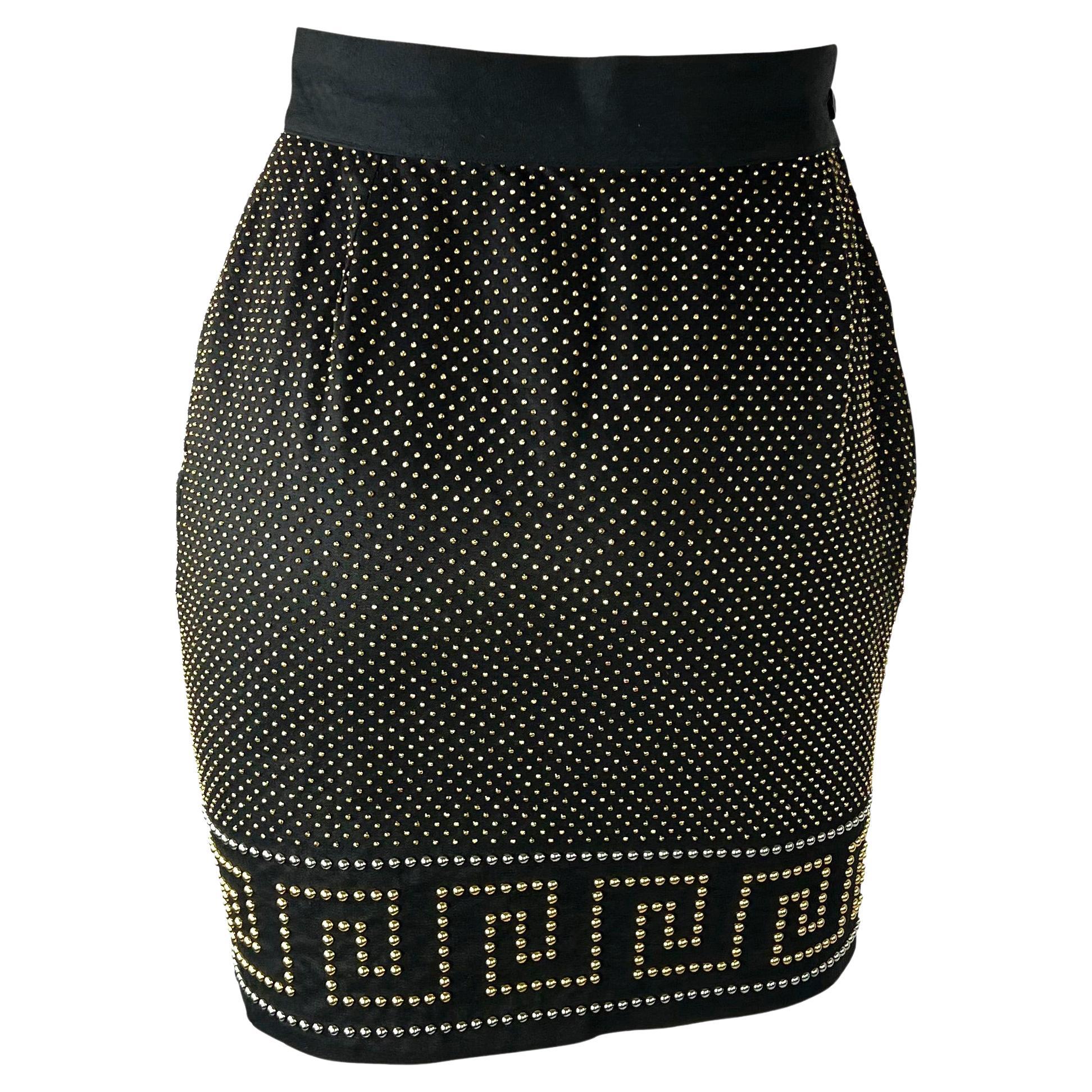 S/S 1992 Gianni Versace Studded Black Linen Greek Key Skirt For Sale 3