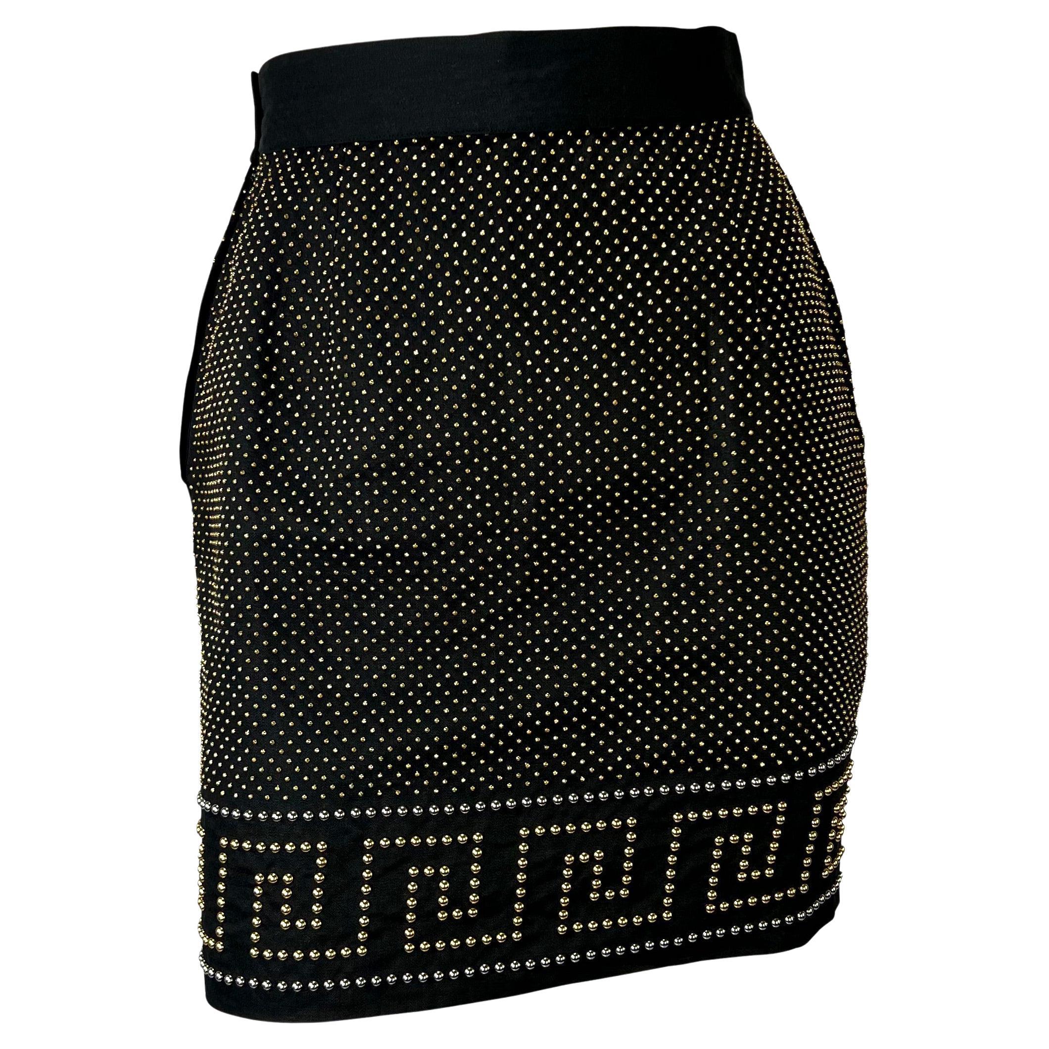 S/S 1992 Gianni Versace Studded Black Linen Greek Key Skirt For Sale