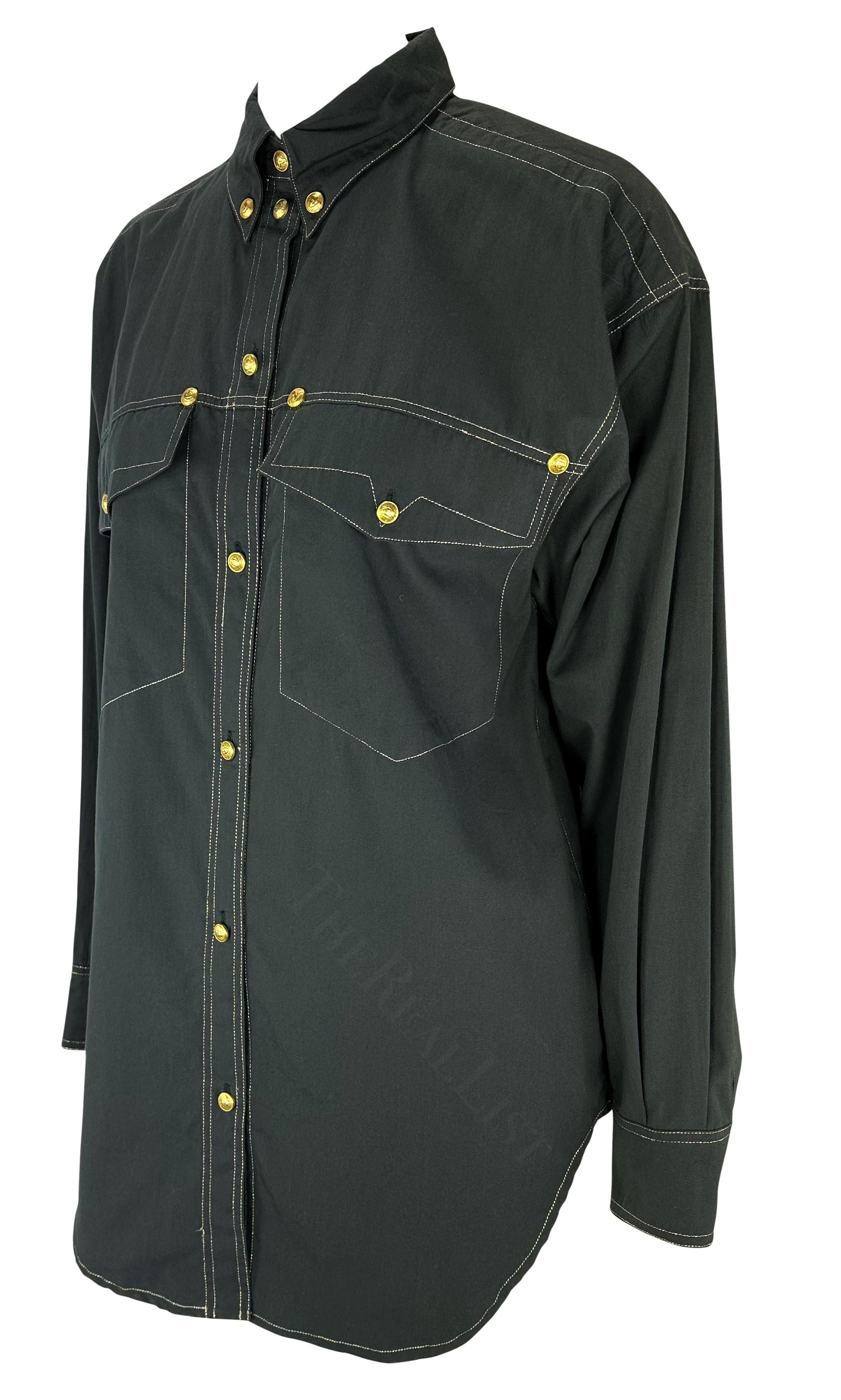 F/W 1992 Gianni Versace Gold Medusa Logo Black Western Style Button Up Shirt Excellent état - En vente à West Hollywood, CA