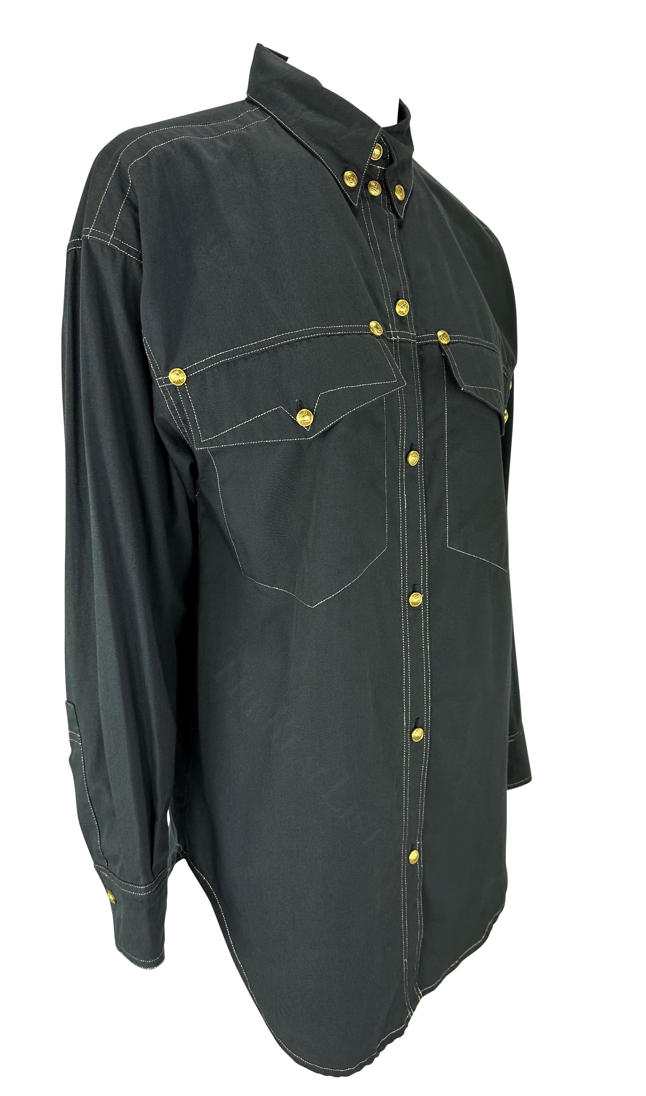F/W 1992 Gianni Versace Gold Medusa Logo Black Western Style Button Up Shirt For Sale 2