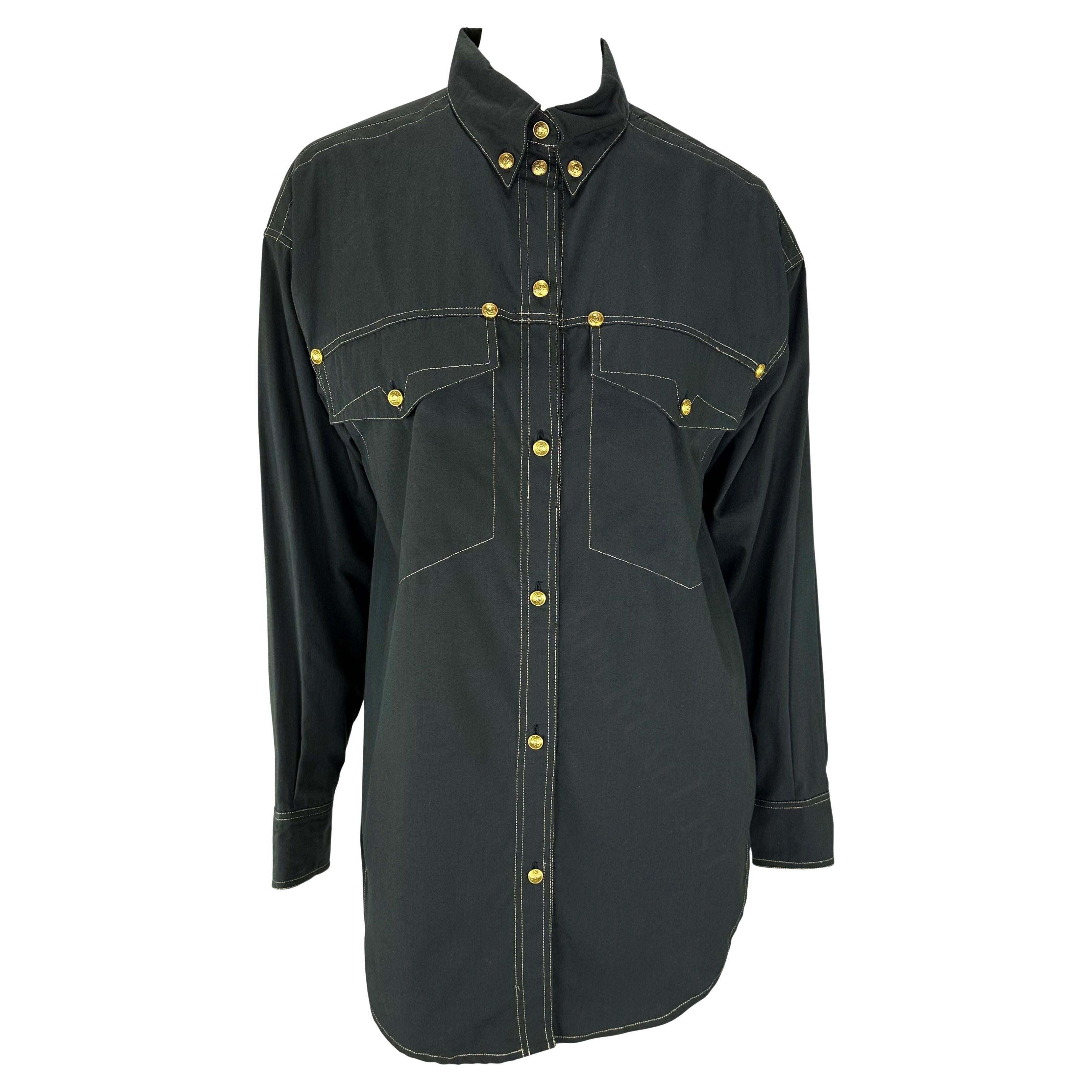 F/W 1992 Gianni Versace Gold Medusa Logo Black Western Style Button Up Shirt For Sale