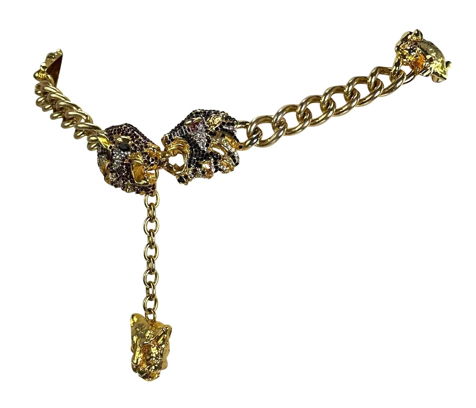 F/W 1992 Gianni Versace Gold Tone Metal Rhinestone Jaguar Motif Chain Belt  Unisexe en vente