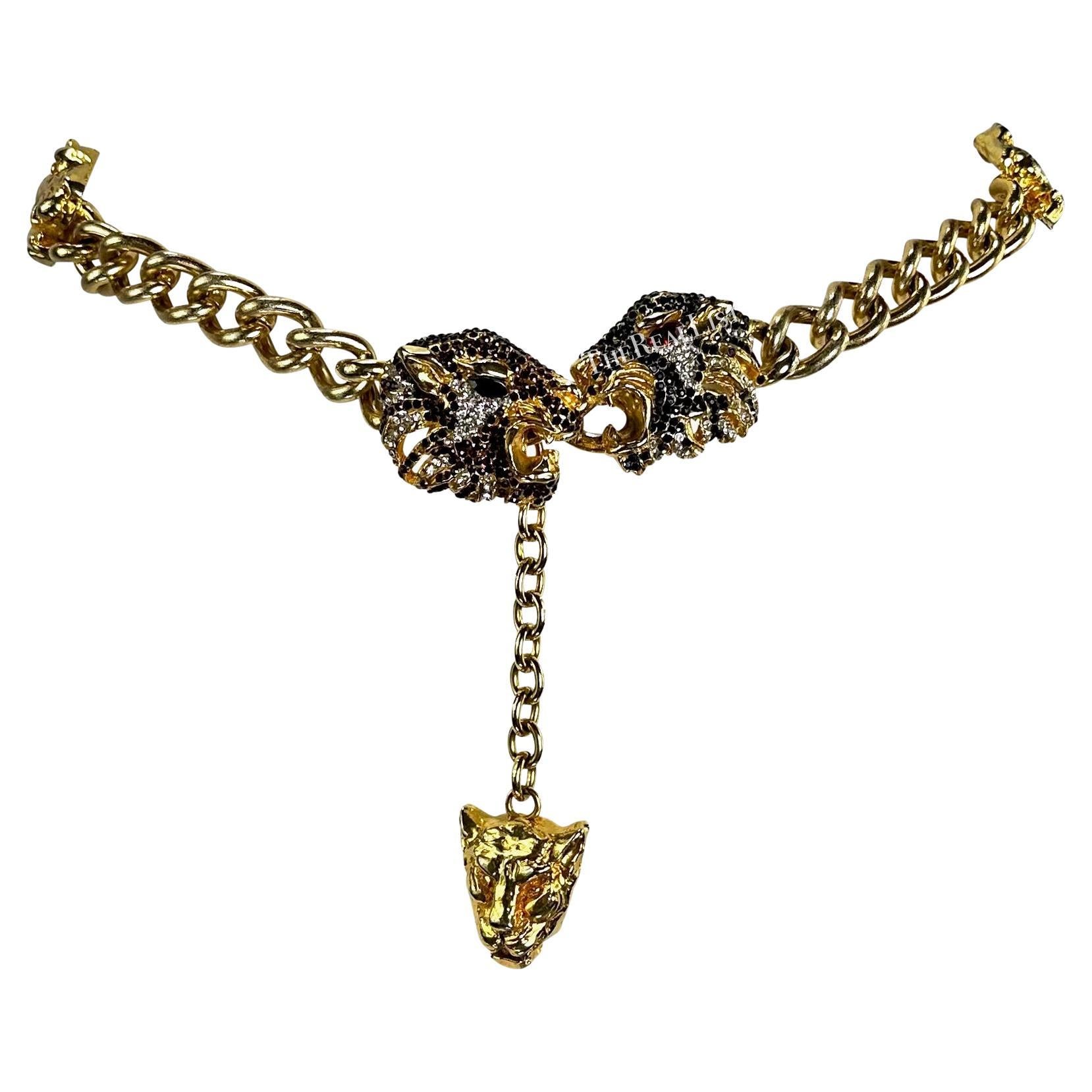 F/W 1992 Gianni Versace Gold Tone Metal Rhinestone Jaguar Motif Chain Belt  en vente