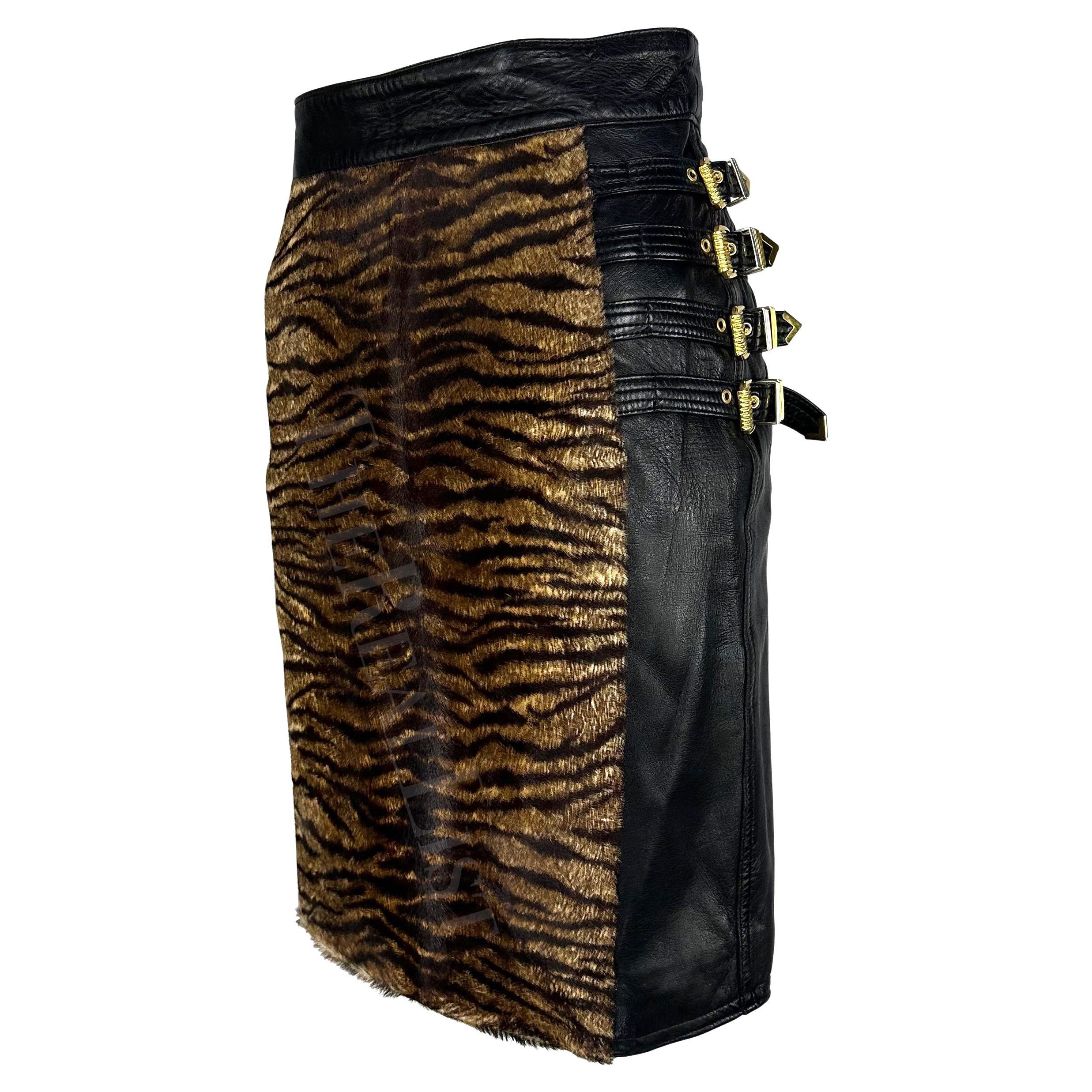 F/W 1992 Gianni Versace "Miss S&M" Bondage Animal Print Black Leather Skirt For Sale