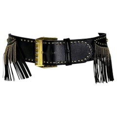Vintage F/W 1992 Gianni Versace "Miss S&M" Bondage Black Fringe Gold Chain Large Belt