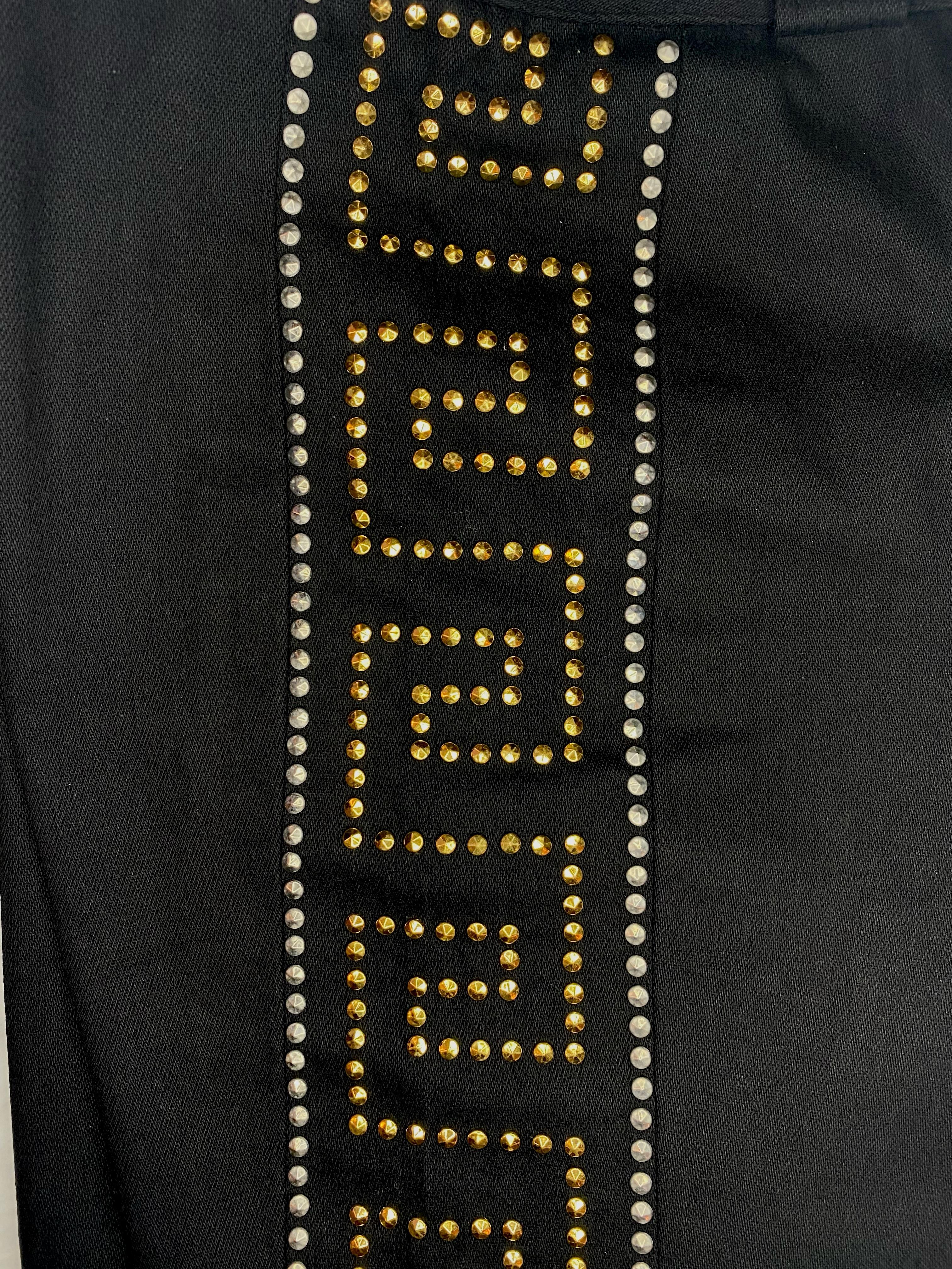 Black F/W 1992 Gianni Versace 'Miss S&M' Greek Key Studded High-Waisted Pants For Sale