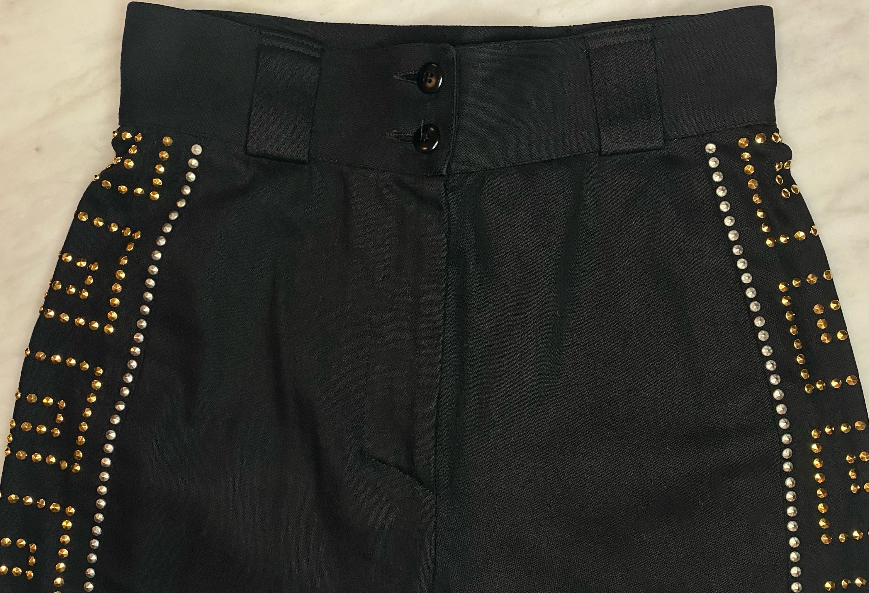 F/W 1992 Gianni Versace 'Miss S&M' Greek Key Studded High-Waisted Pants In Good Condition For Sale In West Hollywood, CA